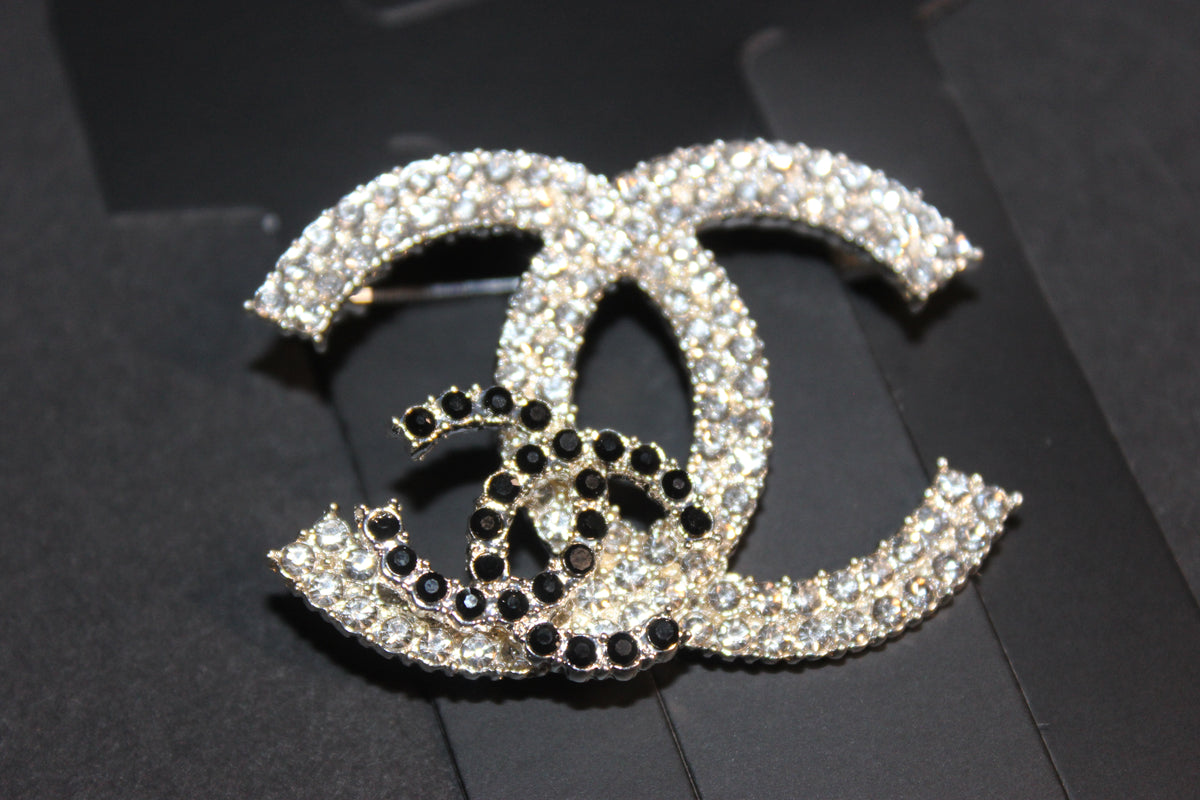 Rhinestone Silver w/ Black Brooch Pin