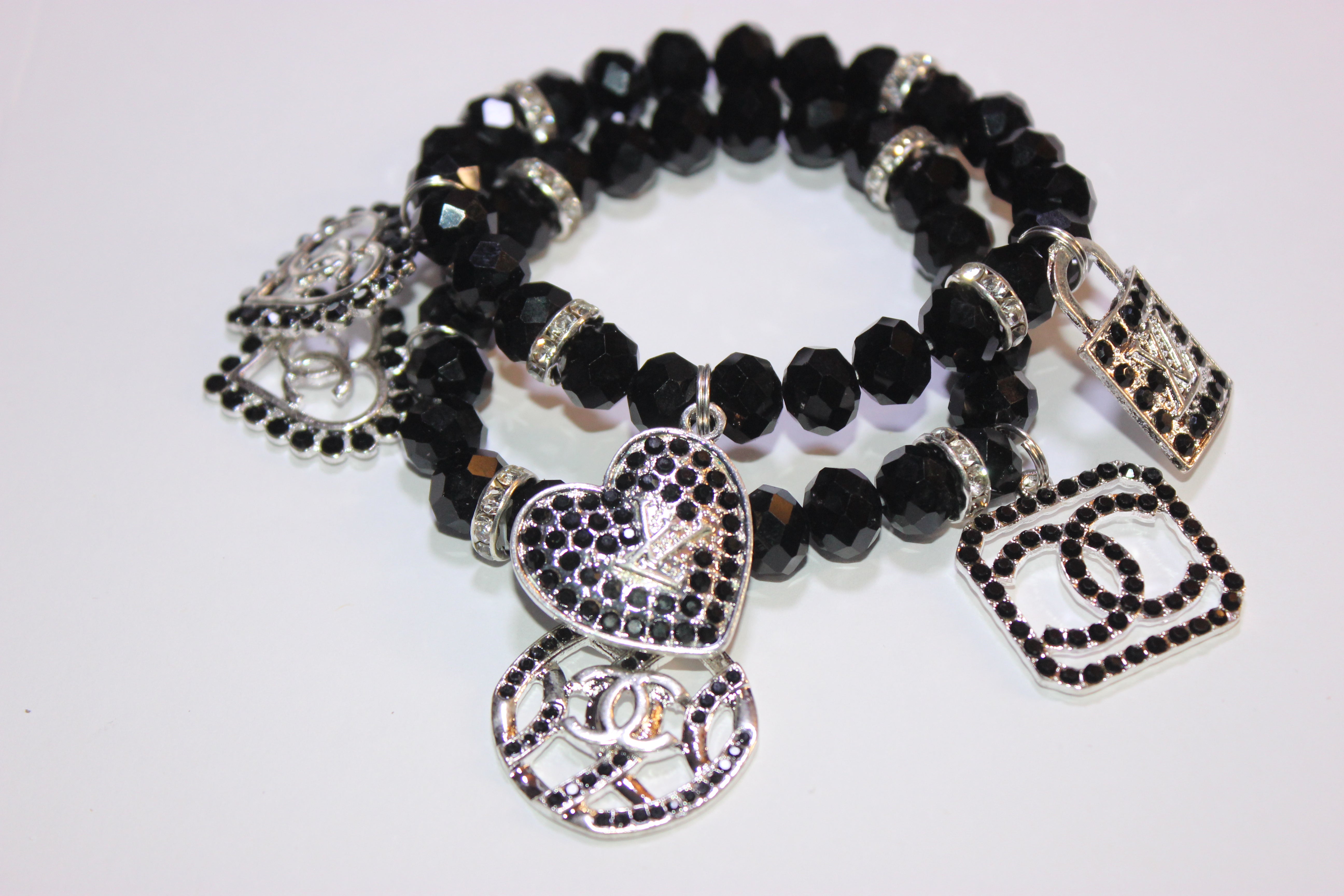 2 Piece Black & Silver Crystal Charm Bracelet Set