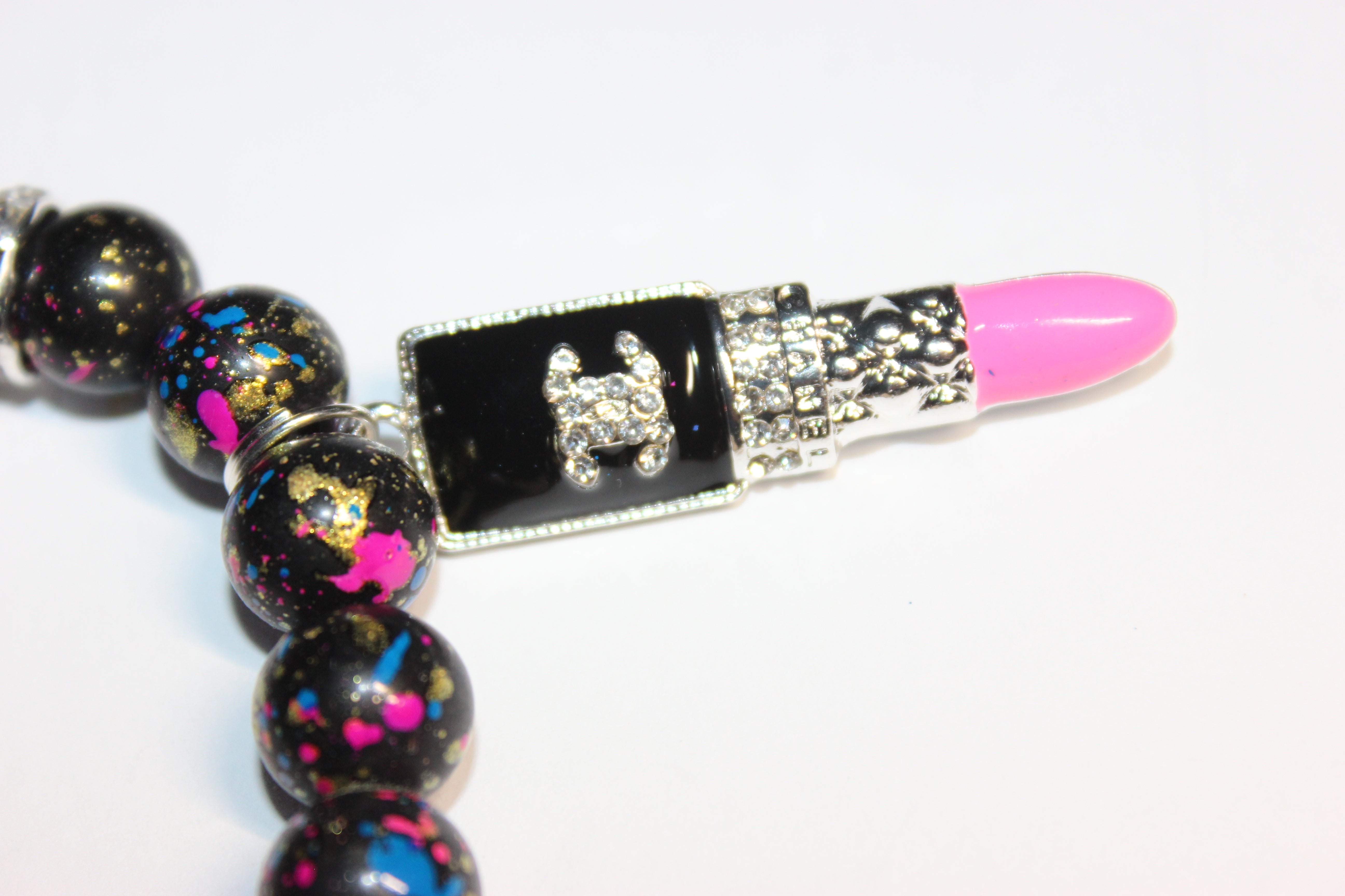 Black/Pink White w/ Silver Charm Bracelet (1)