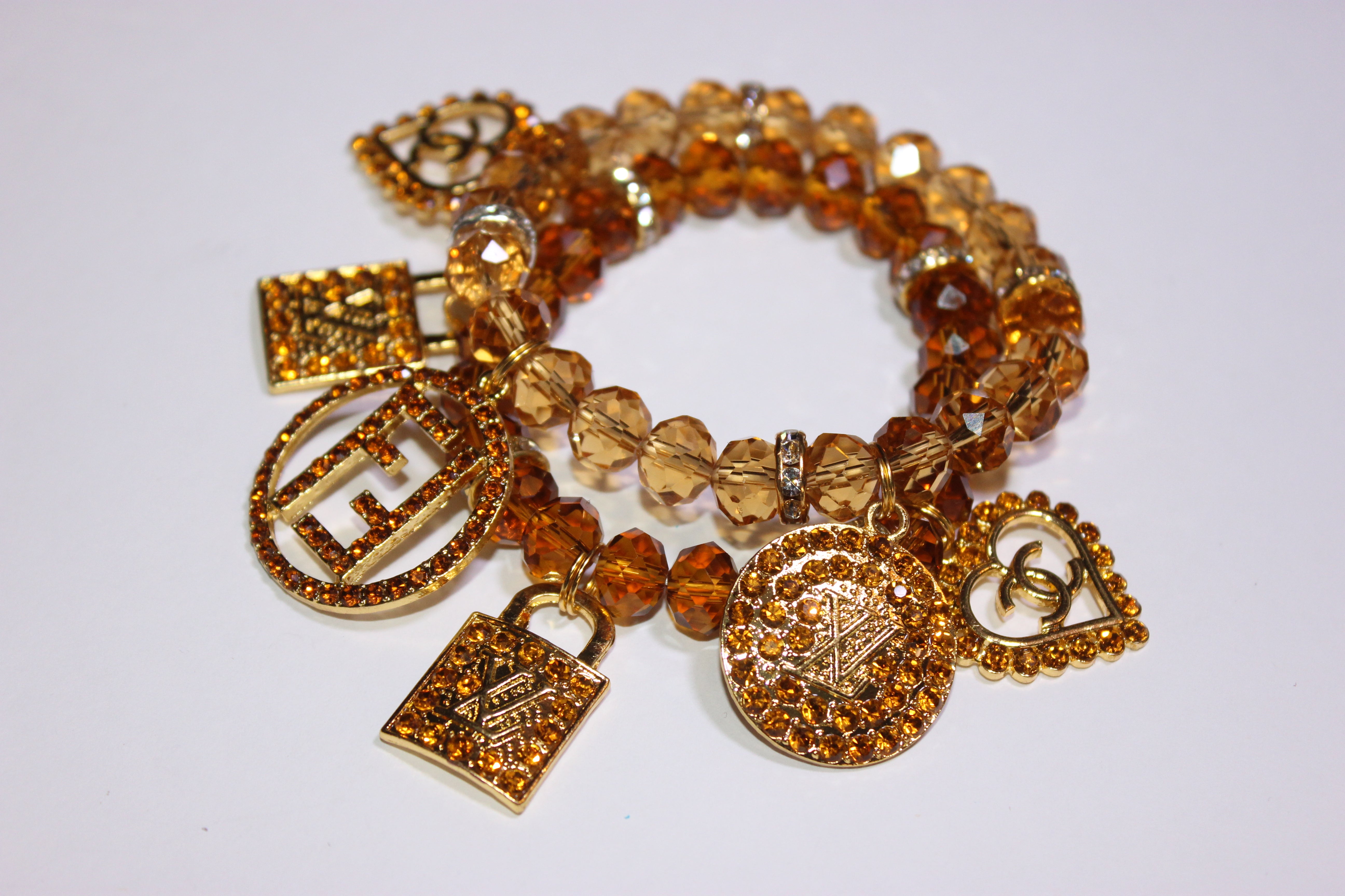 Shades Of Topaz & Gold 2 Piece Crystal Charm Bracelet Set
