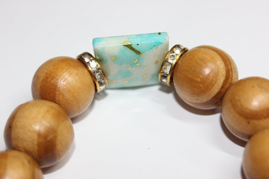 Wood Shades Of Turquoise with Gold Bracelet