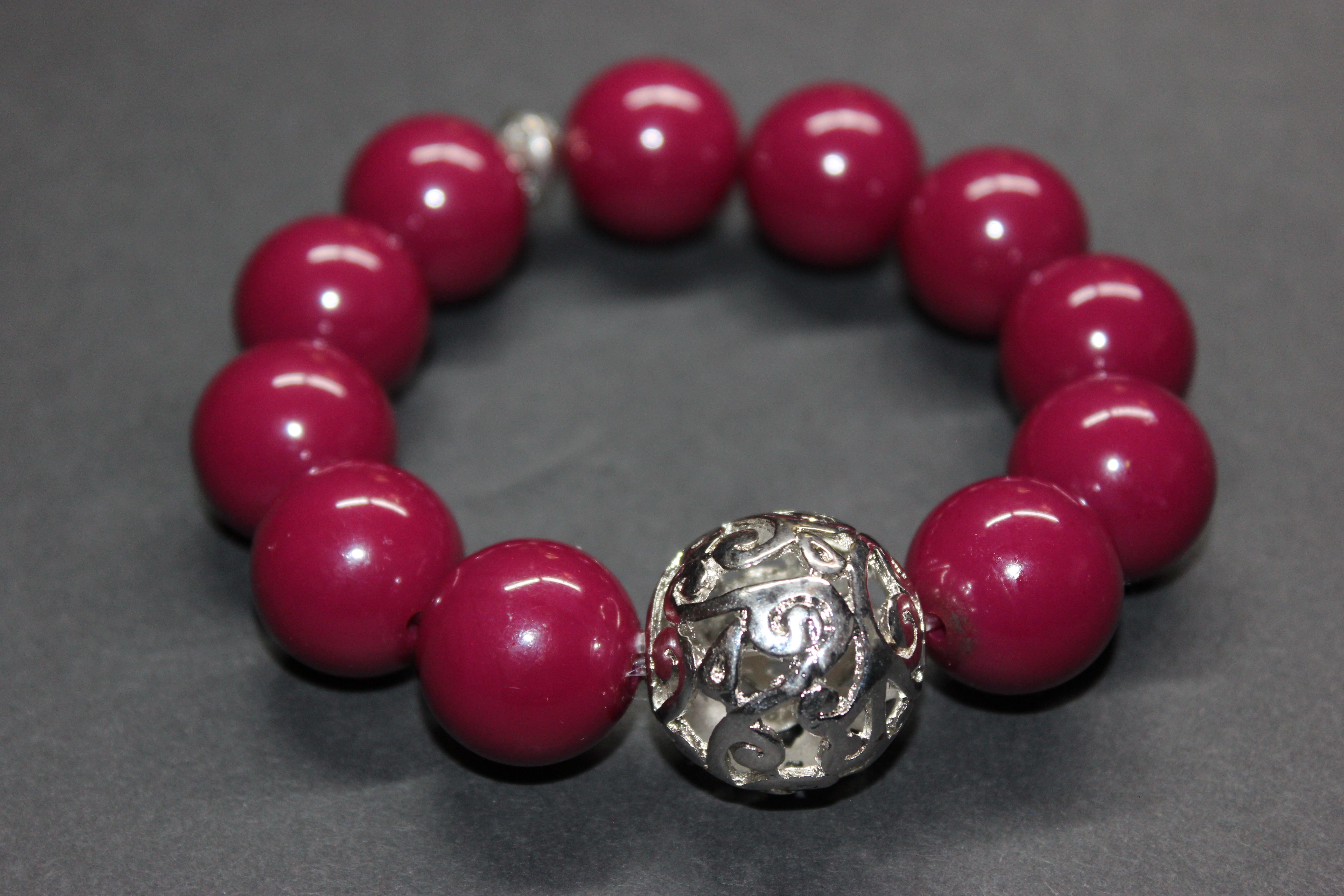 Cranberry w/ Silver Large Beaded Bracelet