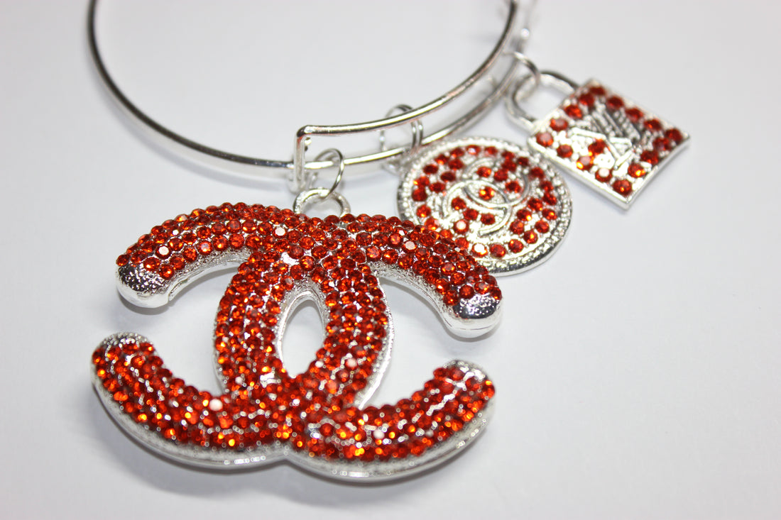 Orange & Silver Rhinestone Charm Bangle