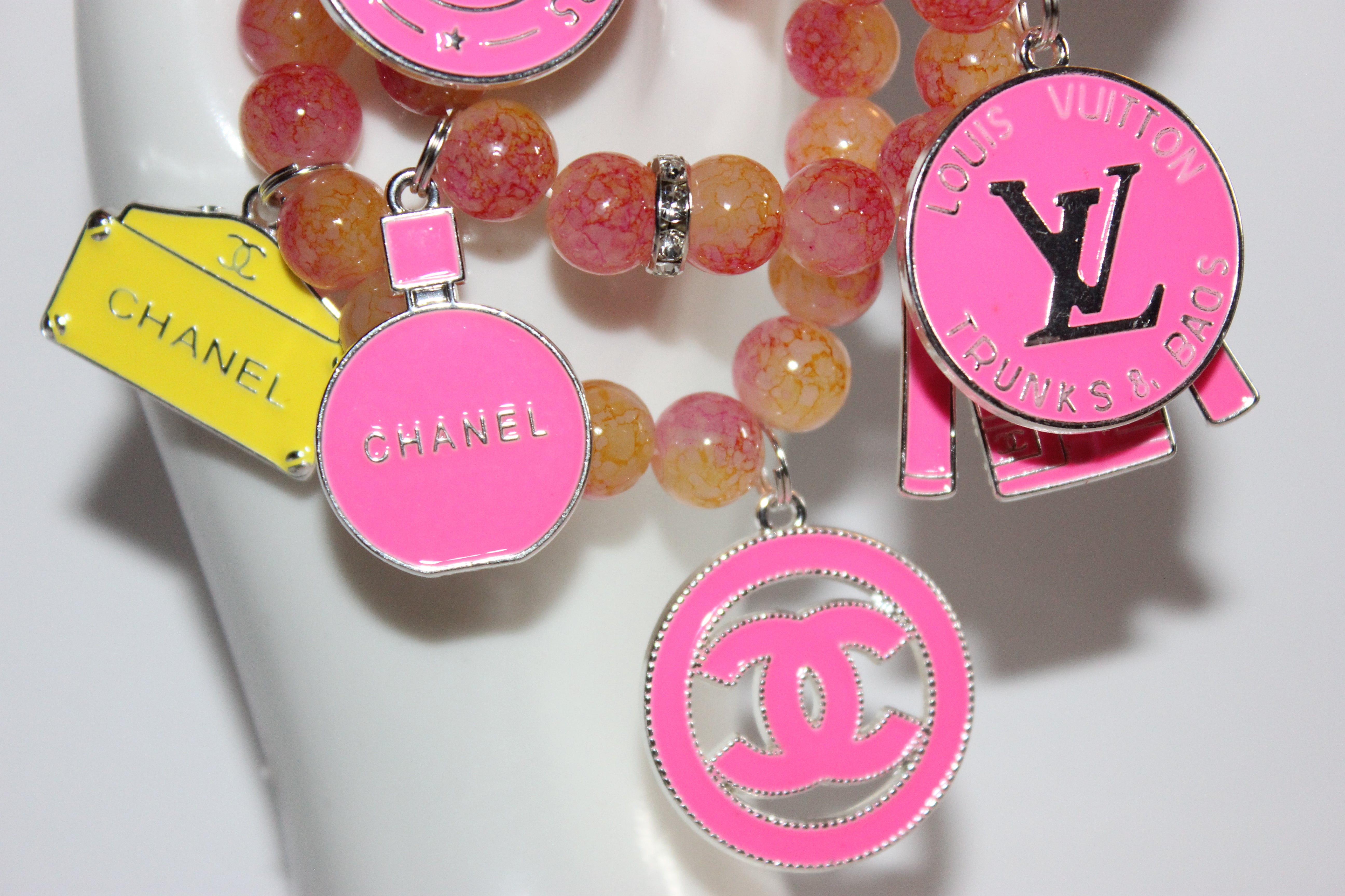 3 Piece Pink Yellow with Silver Charm Bracelet Set