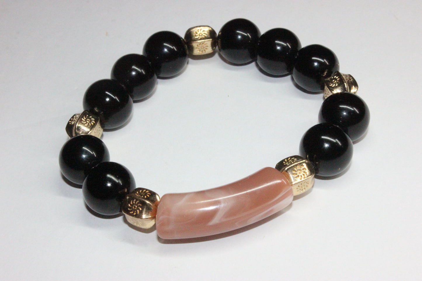 Black & Coral Marble Beaded Bracelet Set In Gold