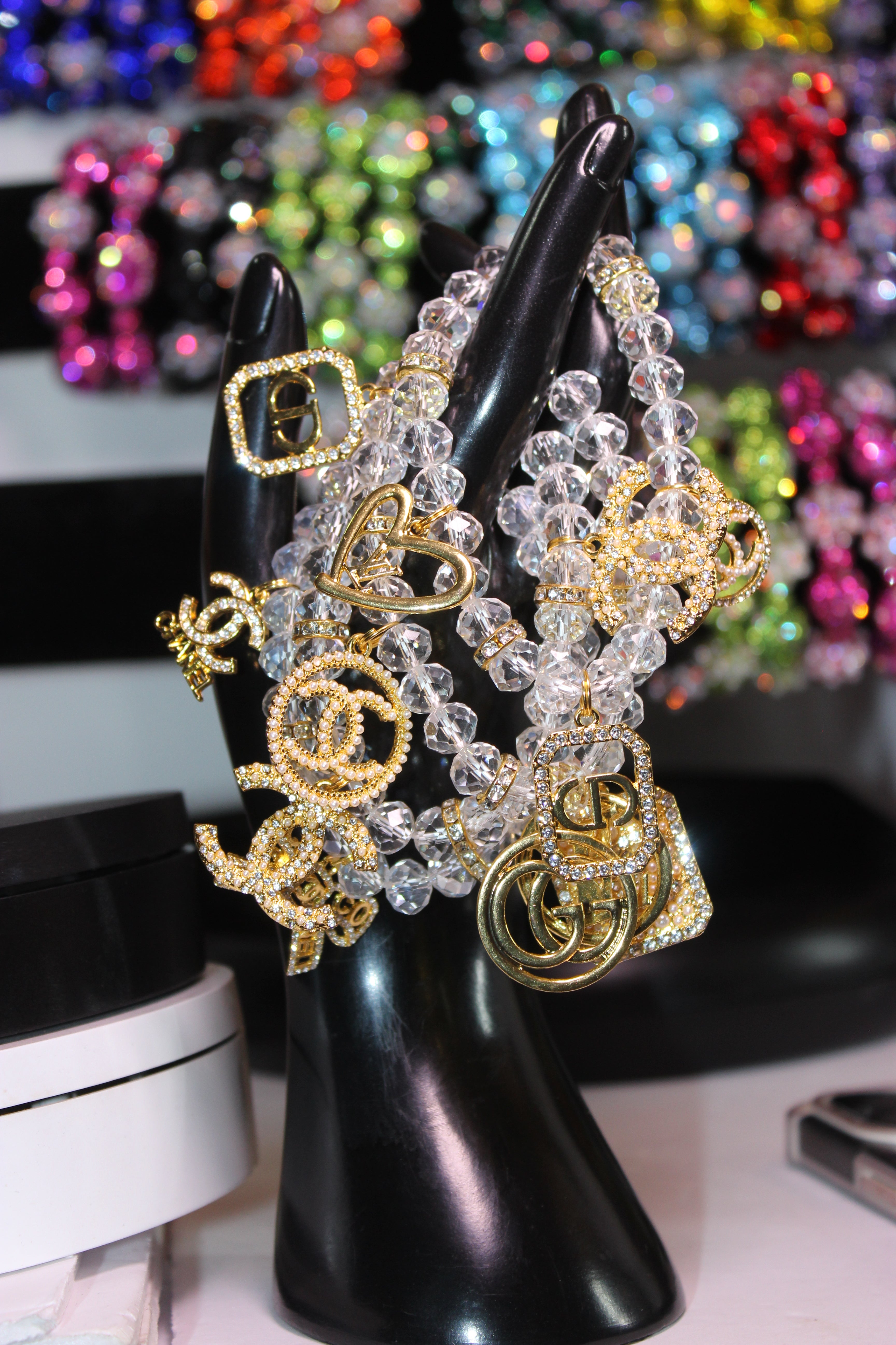 4 Piece Gold & Clear Crystal Charm Bracelet Set with Rhinestone Charms.