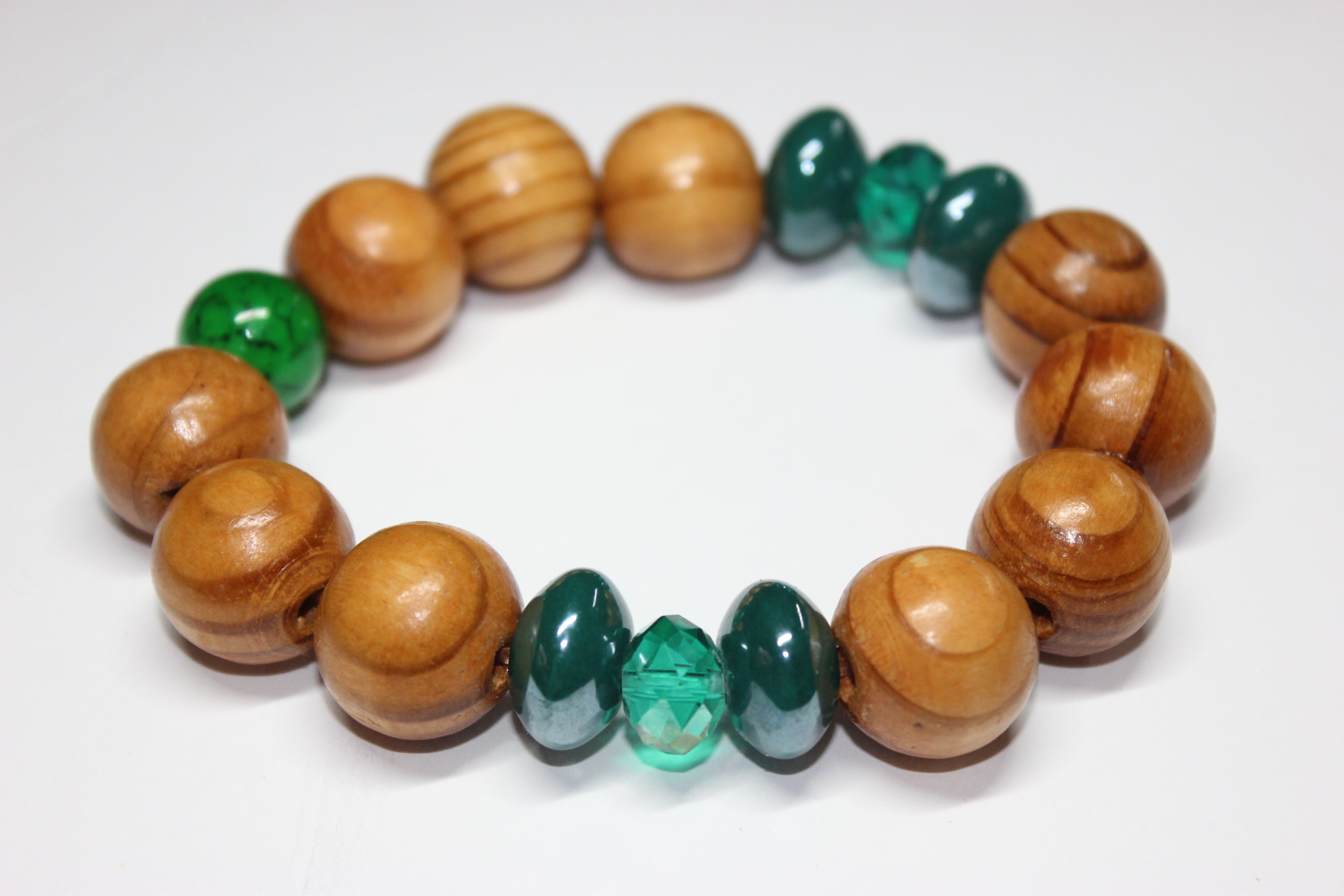 Wood & Green Beaded Bracelet