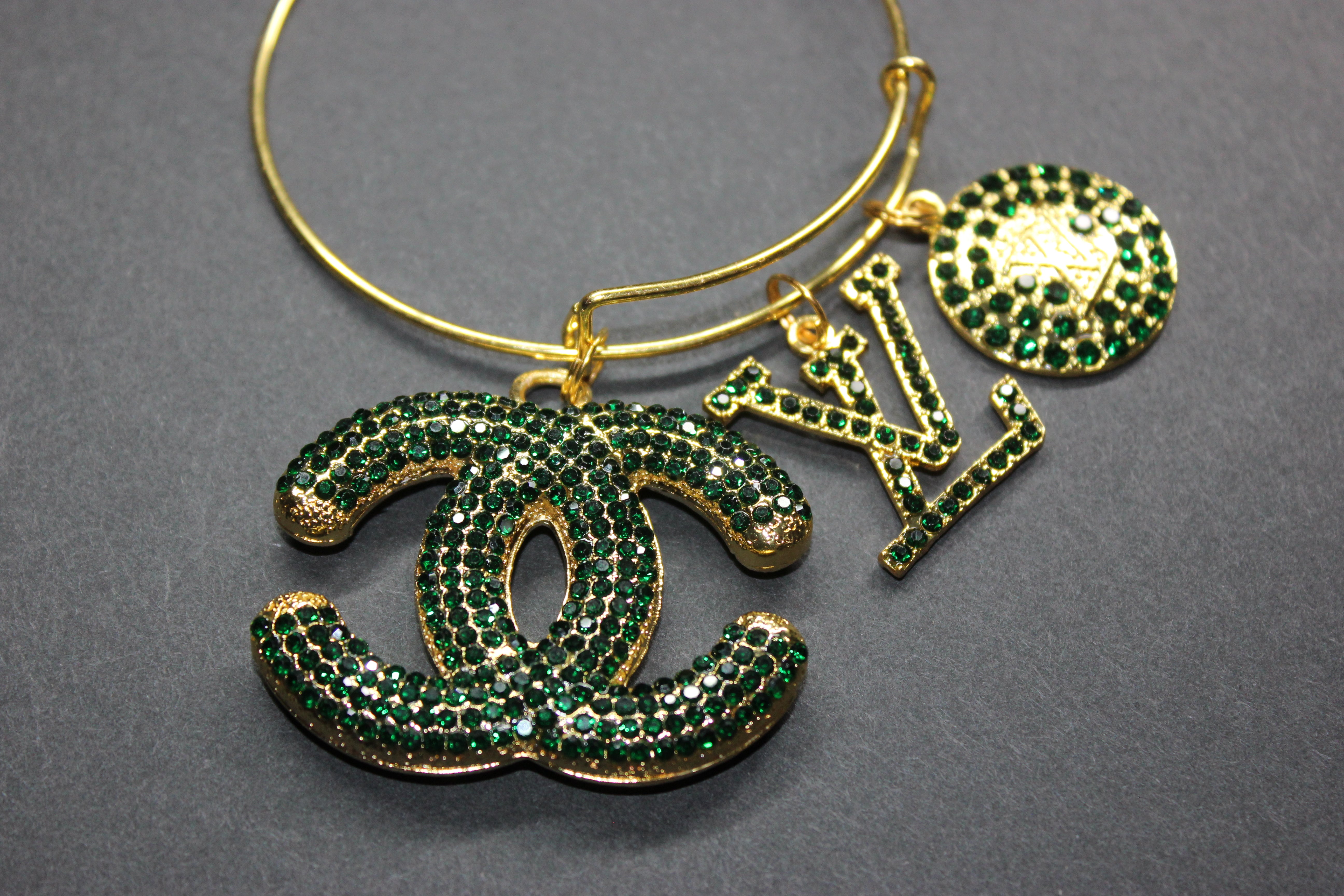 Hunter Green & Gold Rhinestone Charm Bangle