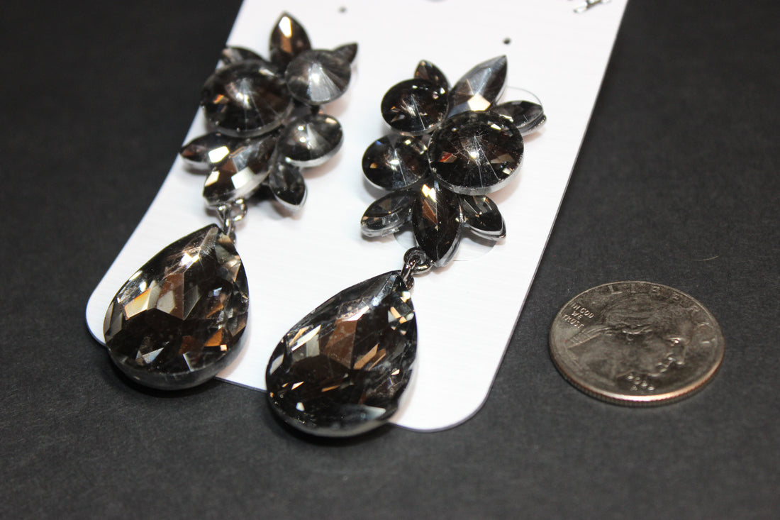 Clip On Smoke Grey Crystal Pineapple Drop Earrings