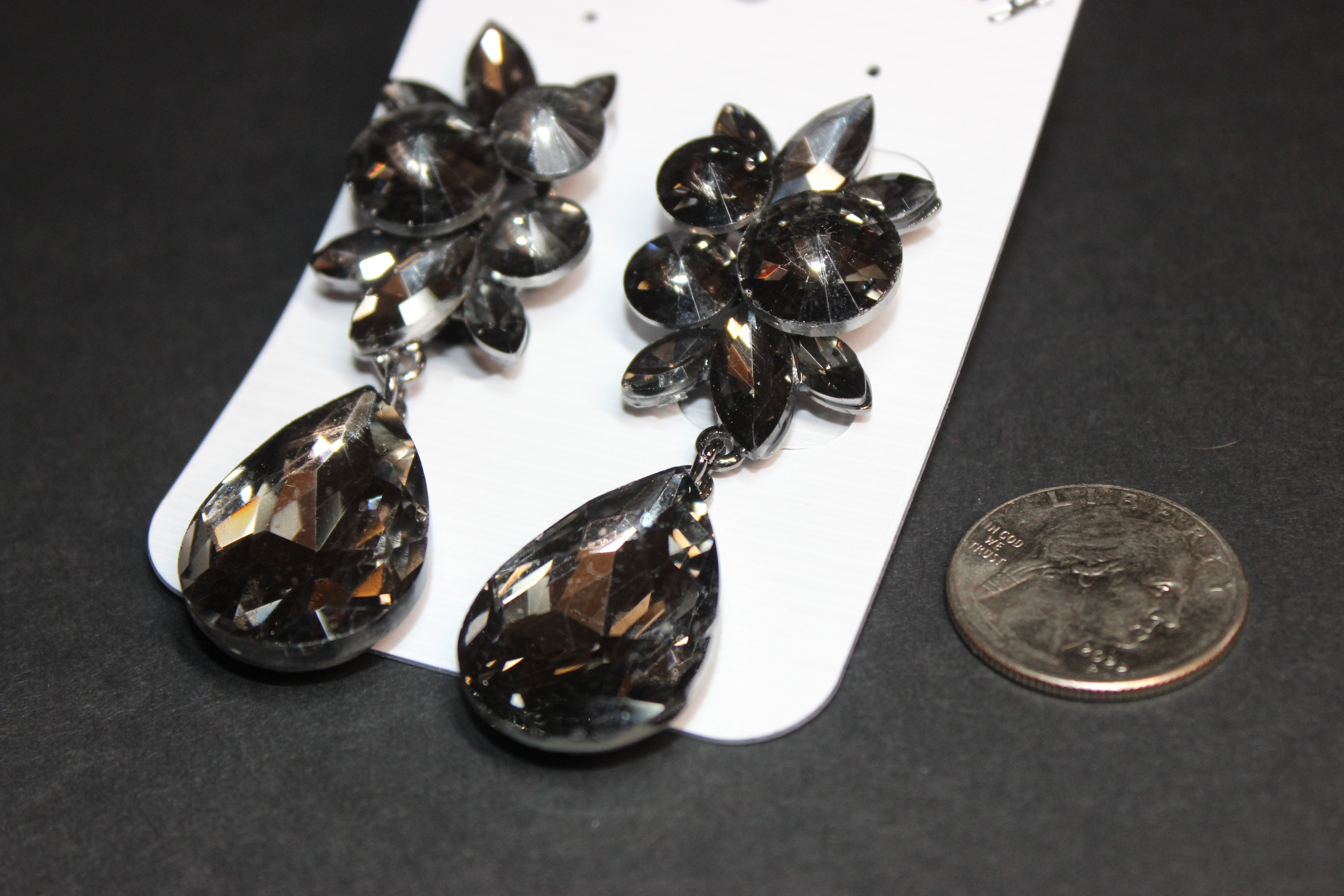 Clip On Smoke Grey Crystal Pineapple Drop Earrings