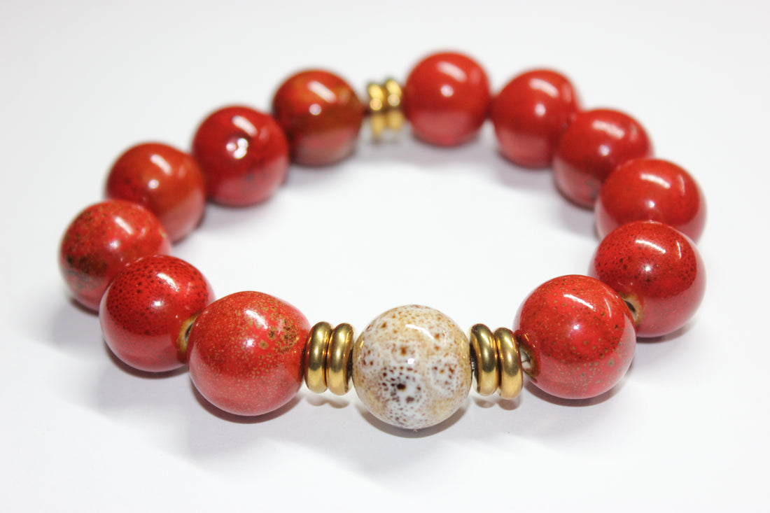 Shades Of Orange & Beige W/ Gold Ceramic Gemstone Bracelet