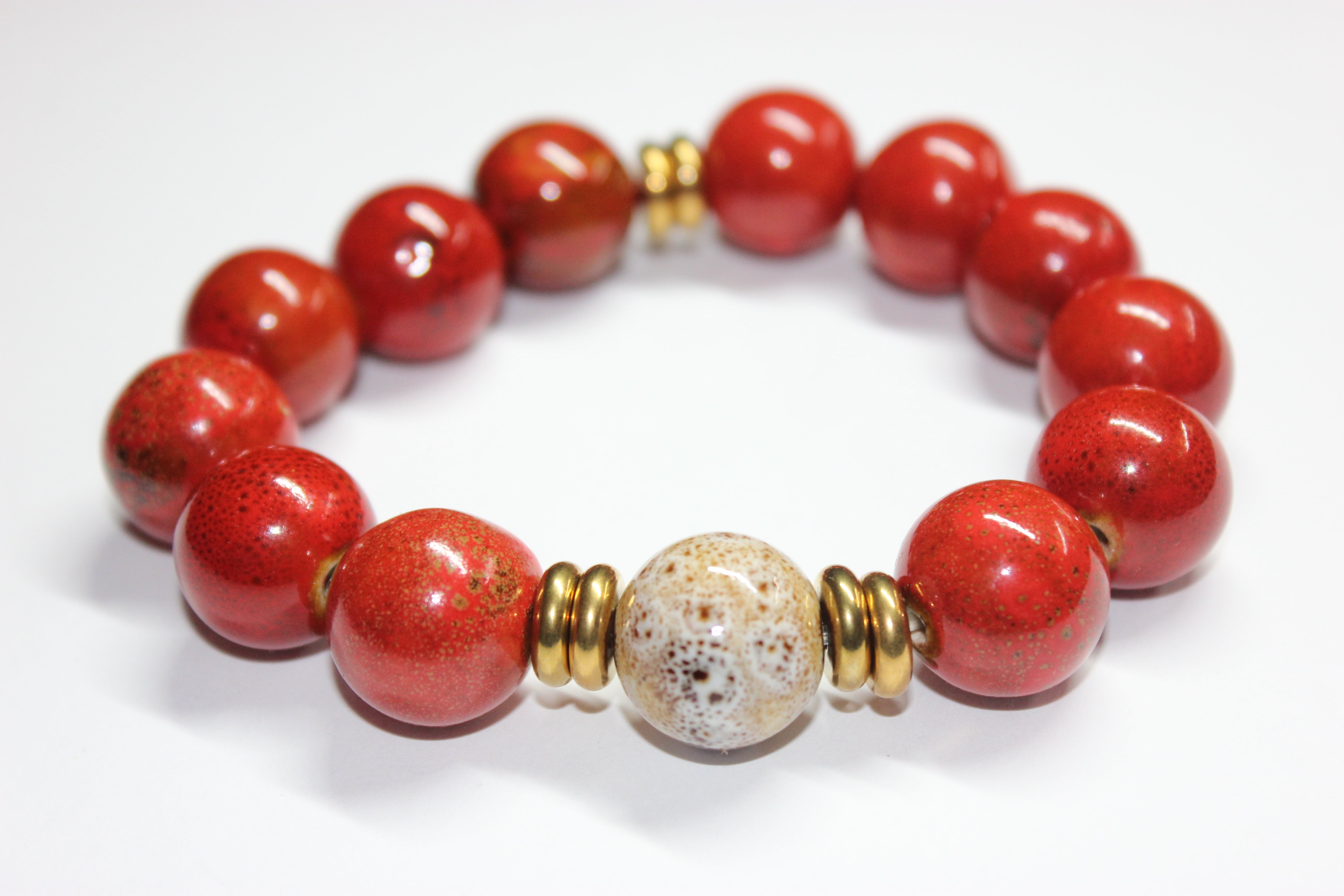 Shades Of Orange & Beige W/ Gold Ceramic Gemstone Bracelet