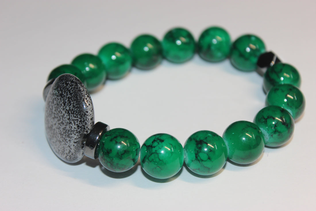 Shades Of Green w/ Grey Gemstone BOBCAT Beaded Bracelet
