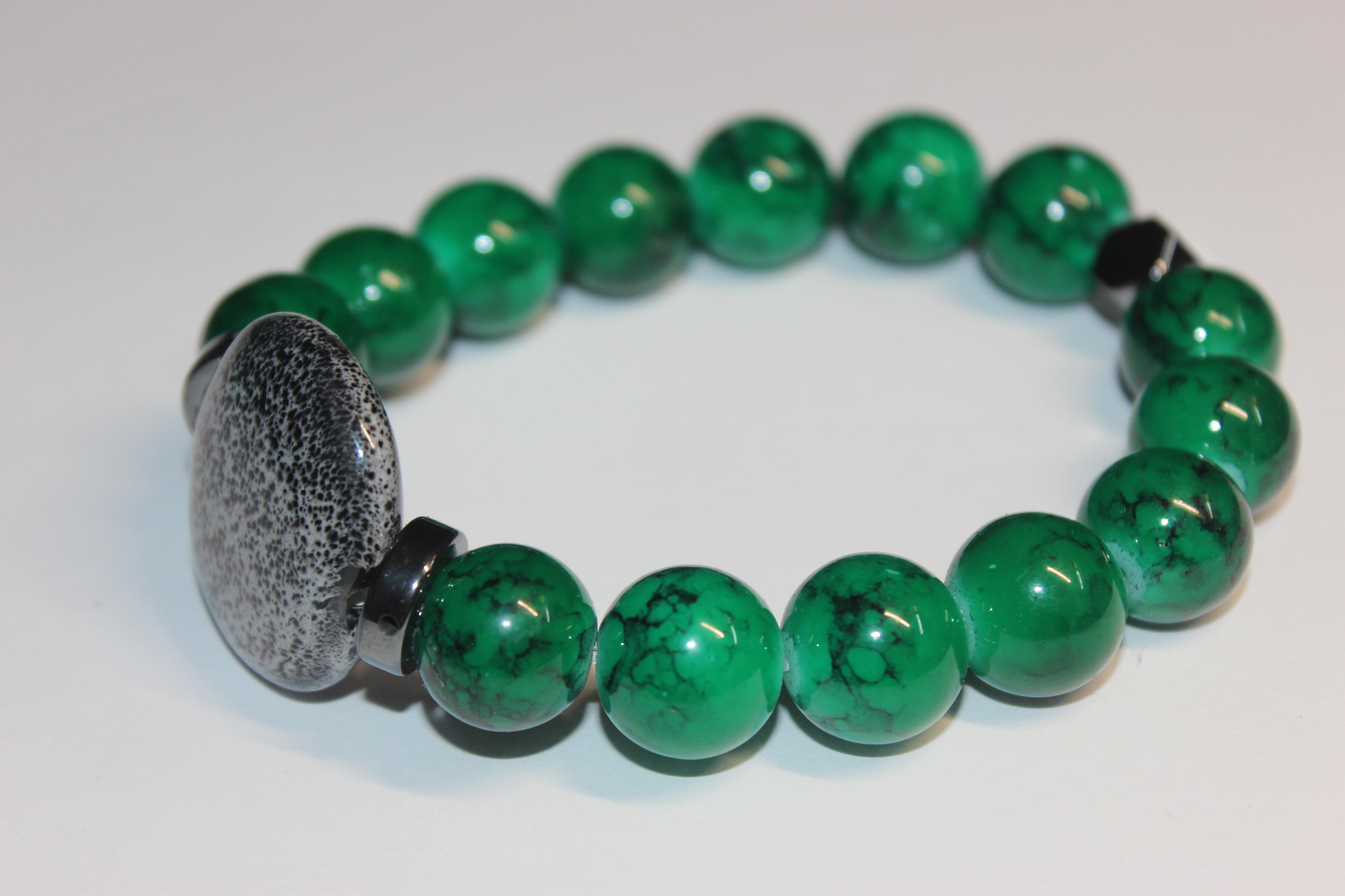 Shades Of Green w/ Grey Gemstone BOBCAT Beaded Bracelet