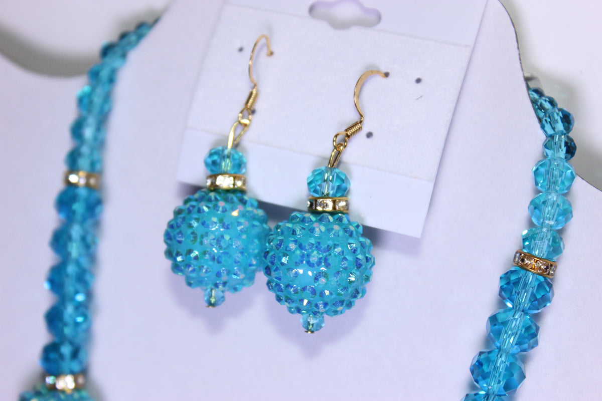 Aquamarine & Gold Charm Necklace Set with Earrings