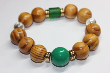 Wood Beaded Bracelet w/ Green & Gold