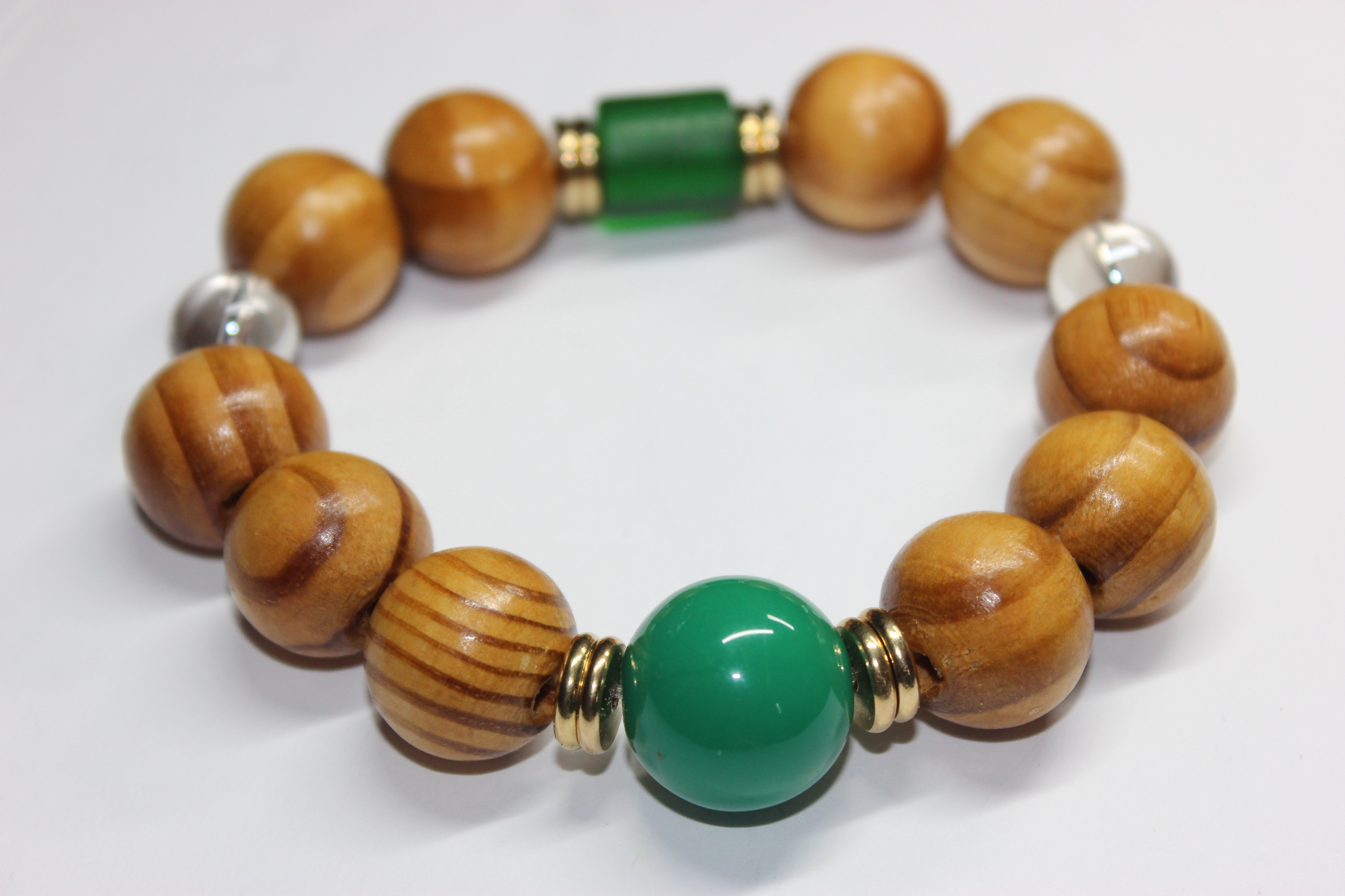 Wood Beaded Bracelet w/ Green & Gold
