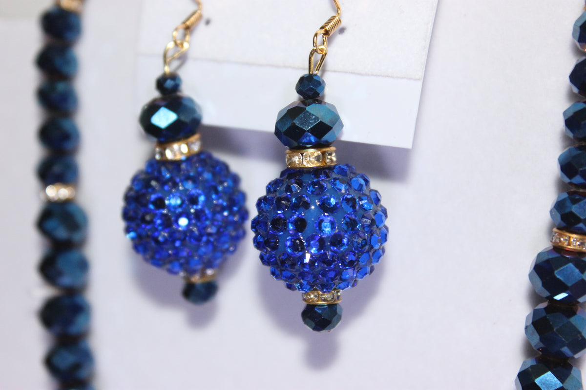 Royal Blue & Gold Rhinestone Charm Necklace Set with Earrings