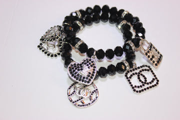 2 Piece Black & Silver Crystal Charm Bracelet Set