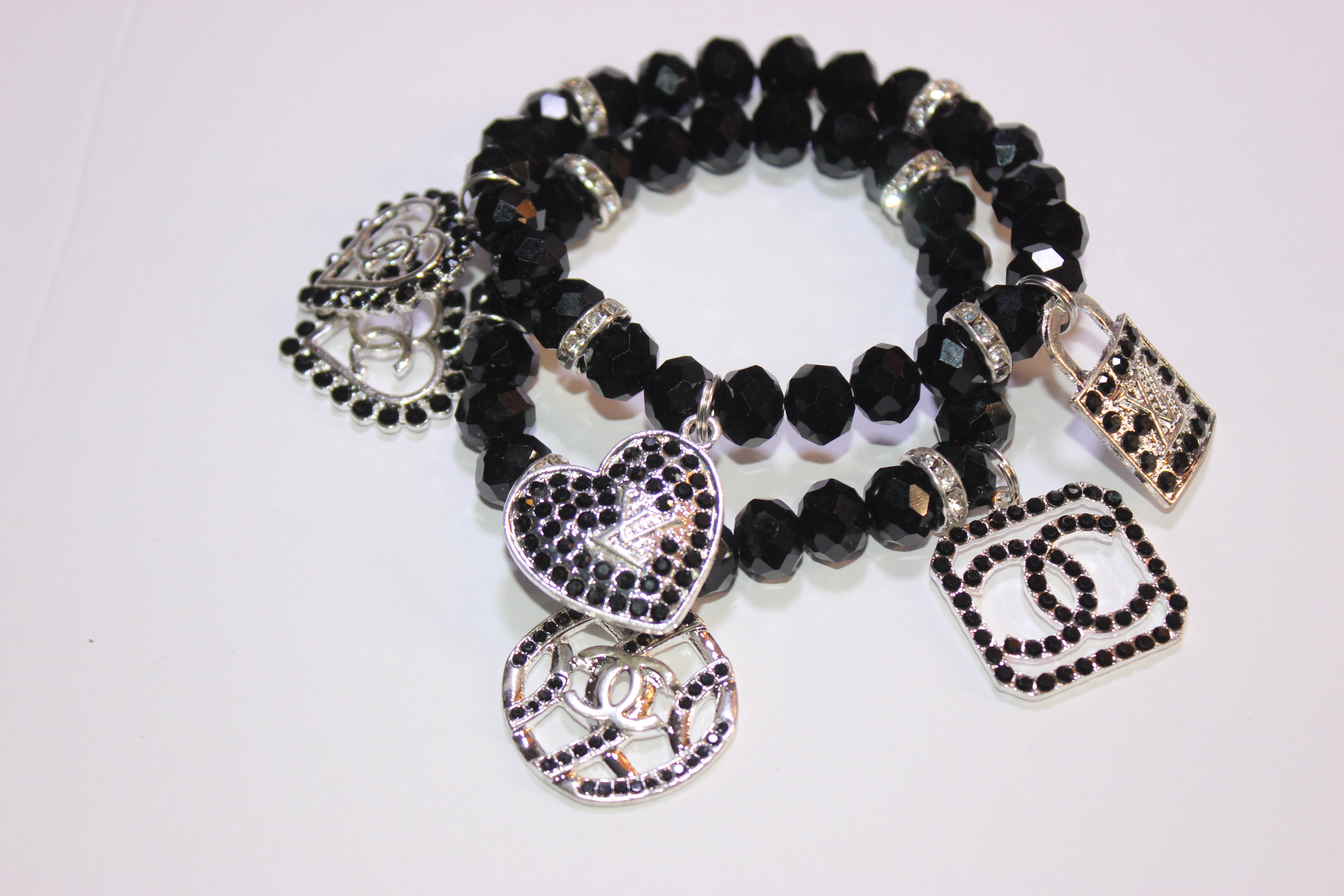 2 Piece Black & Silver Crystal Charm Bracelet Set