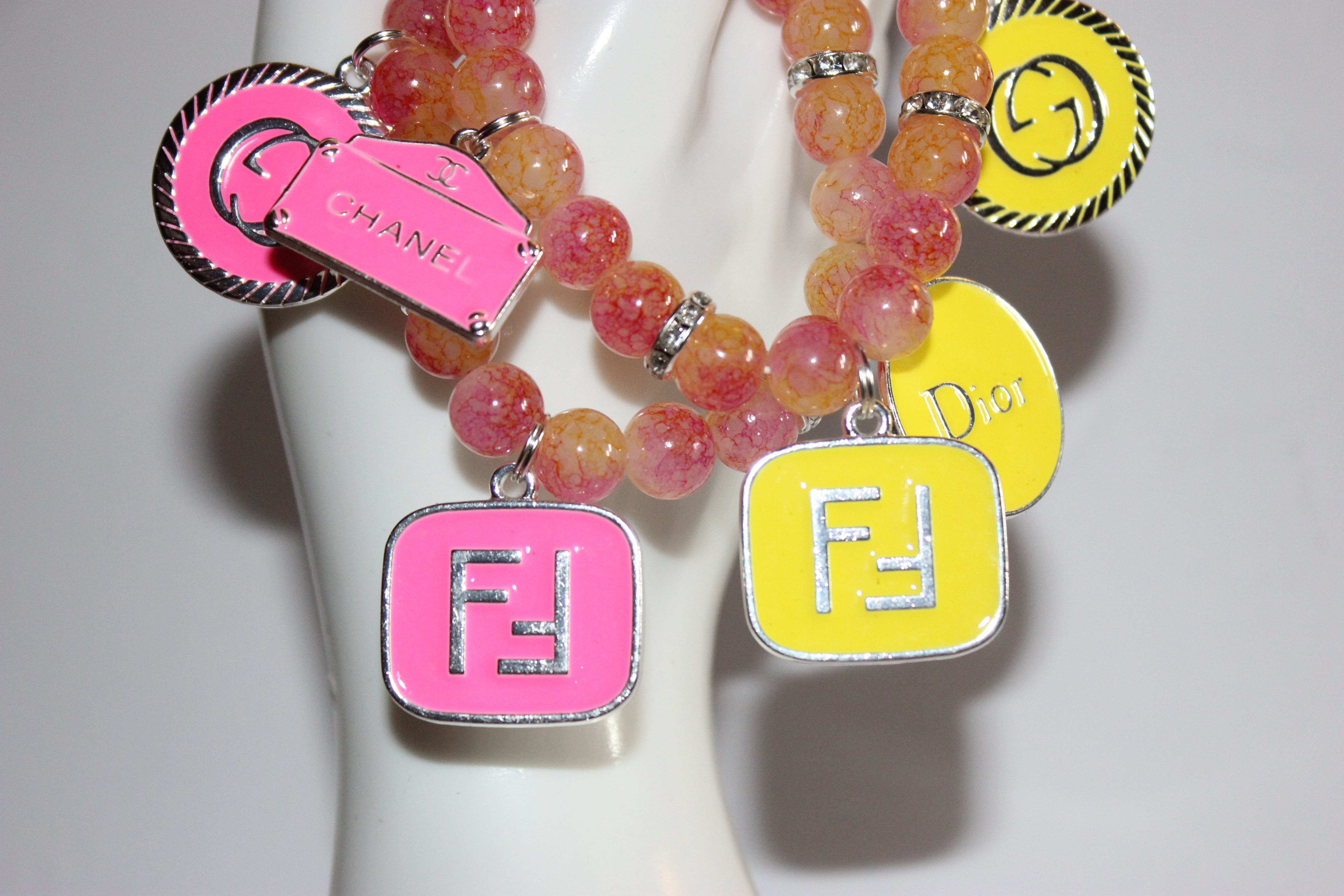 2 Piece Yellow/Pink with Silver Charm Bracelet Set