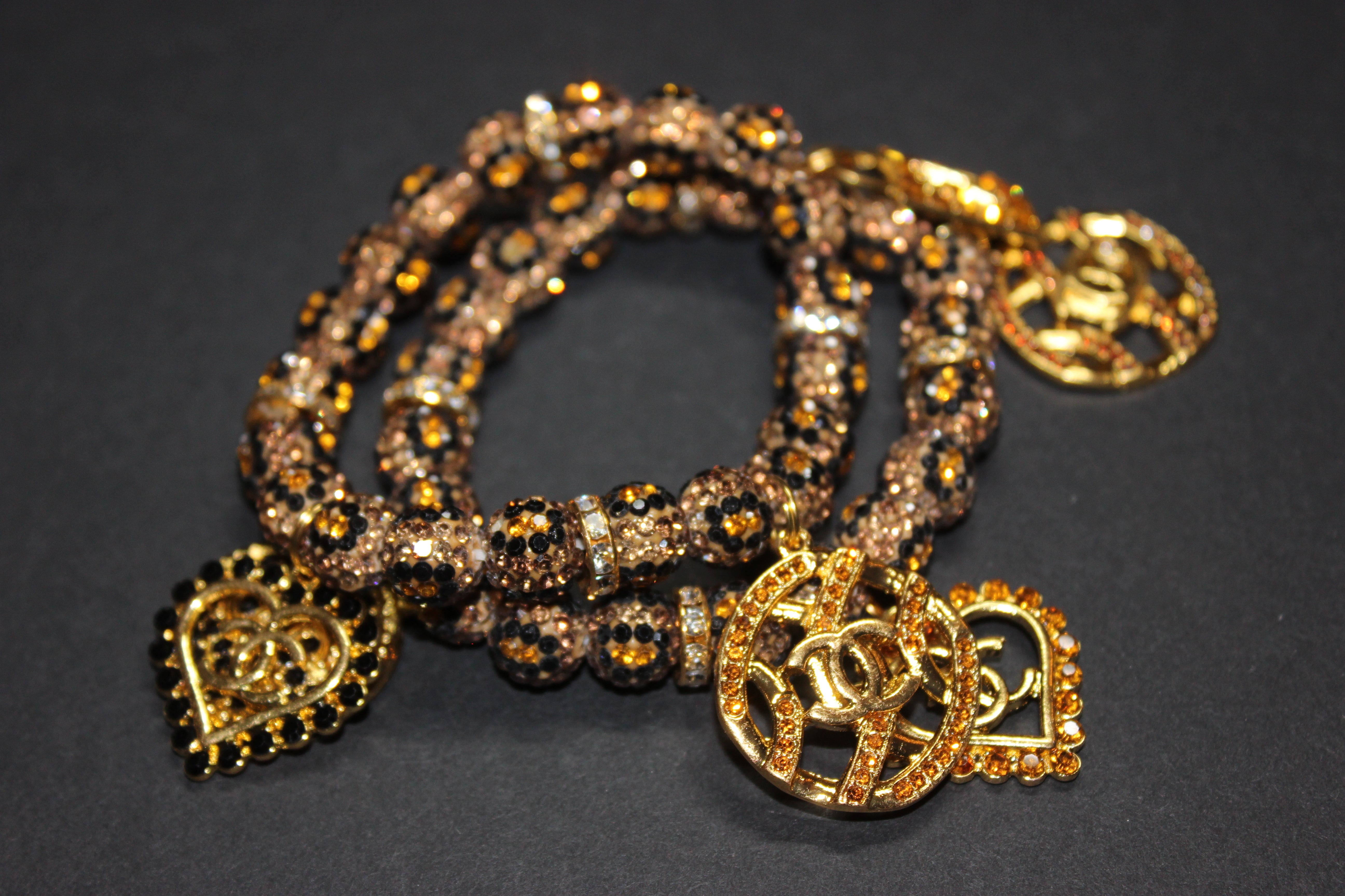 Topaz & Gold Animal Print 2 Piece Rhinestone  Charm Bracelet Set