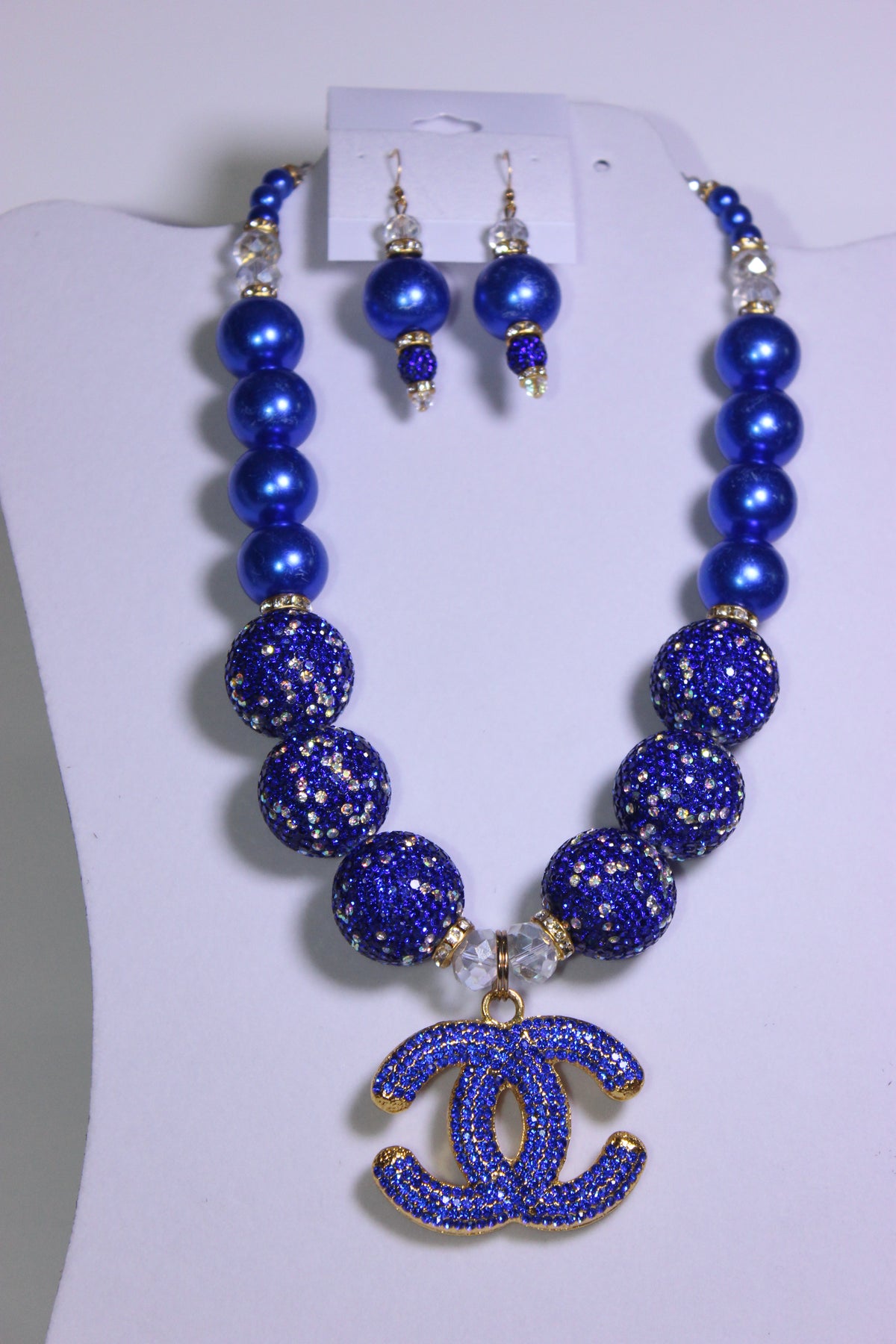 Blue Stonewashed Pearl & Rhinestone Charm Necklace Set with Earrings (GOLD)