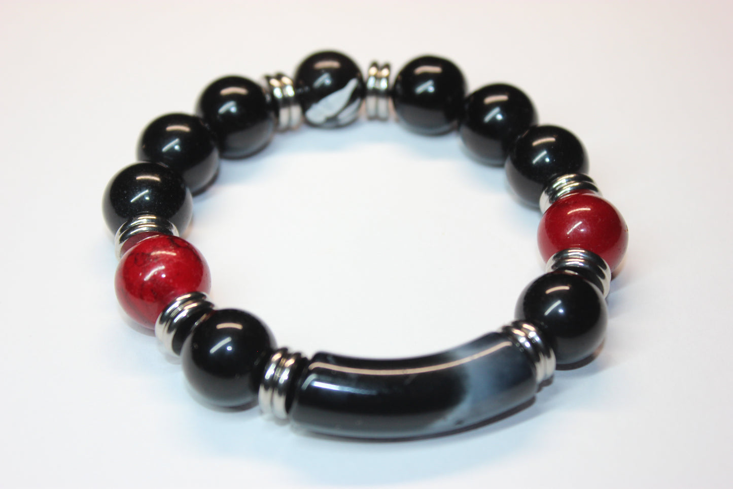 Men’s Black Red & Silver Beaded Bracelet