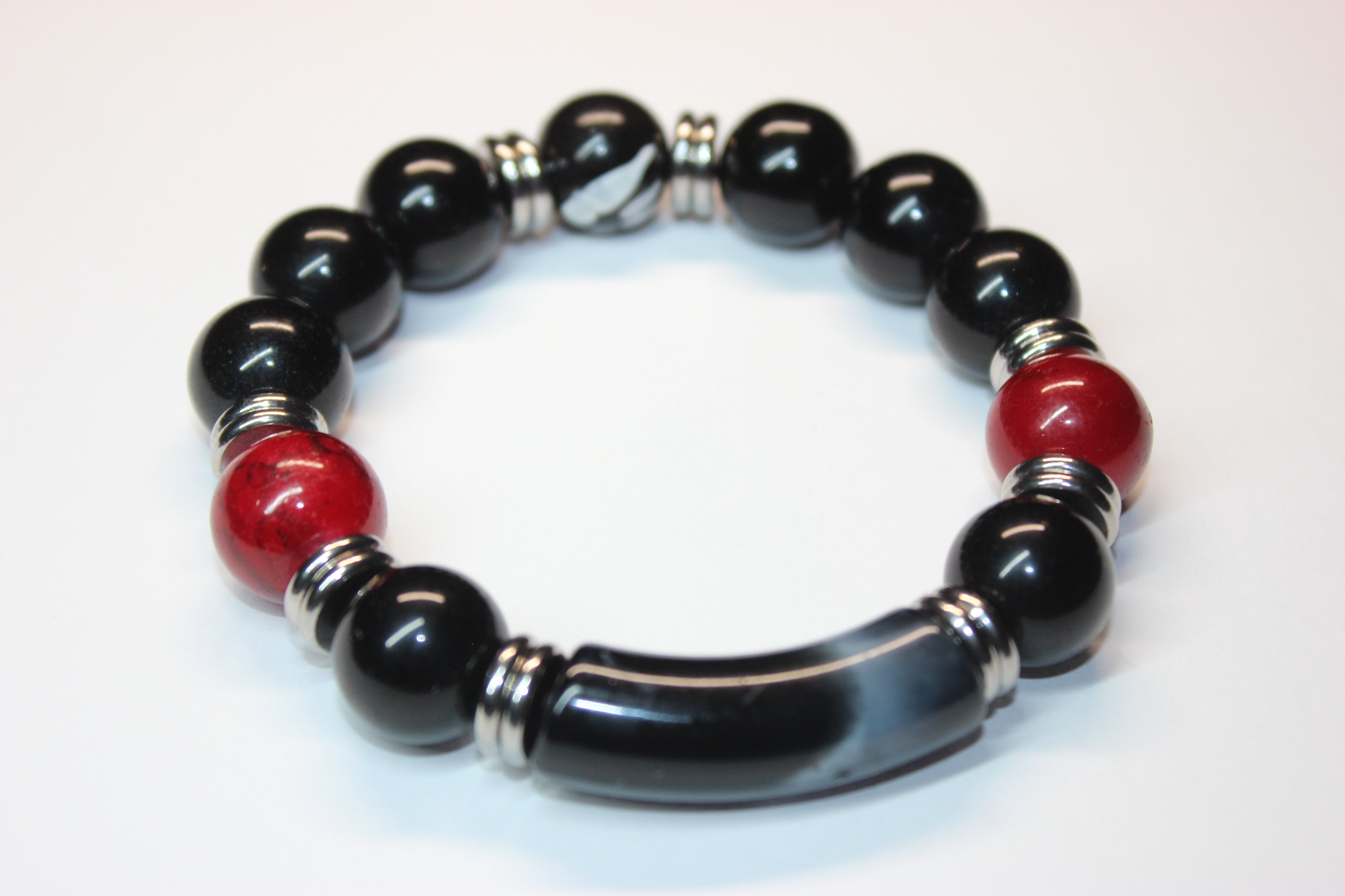 Men’s Black Red & Silver Beaded Bracelet
