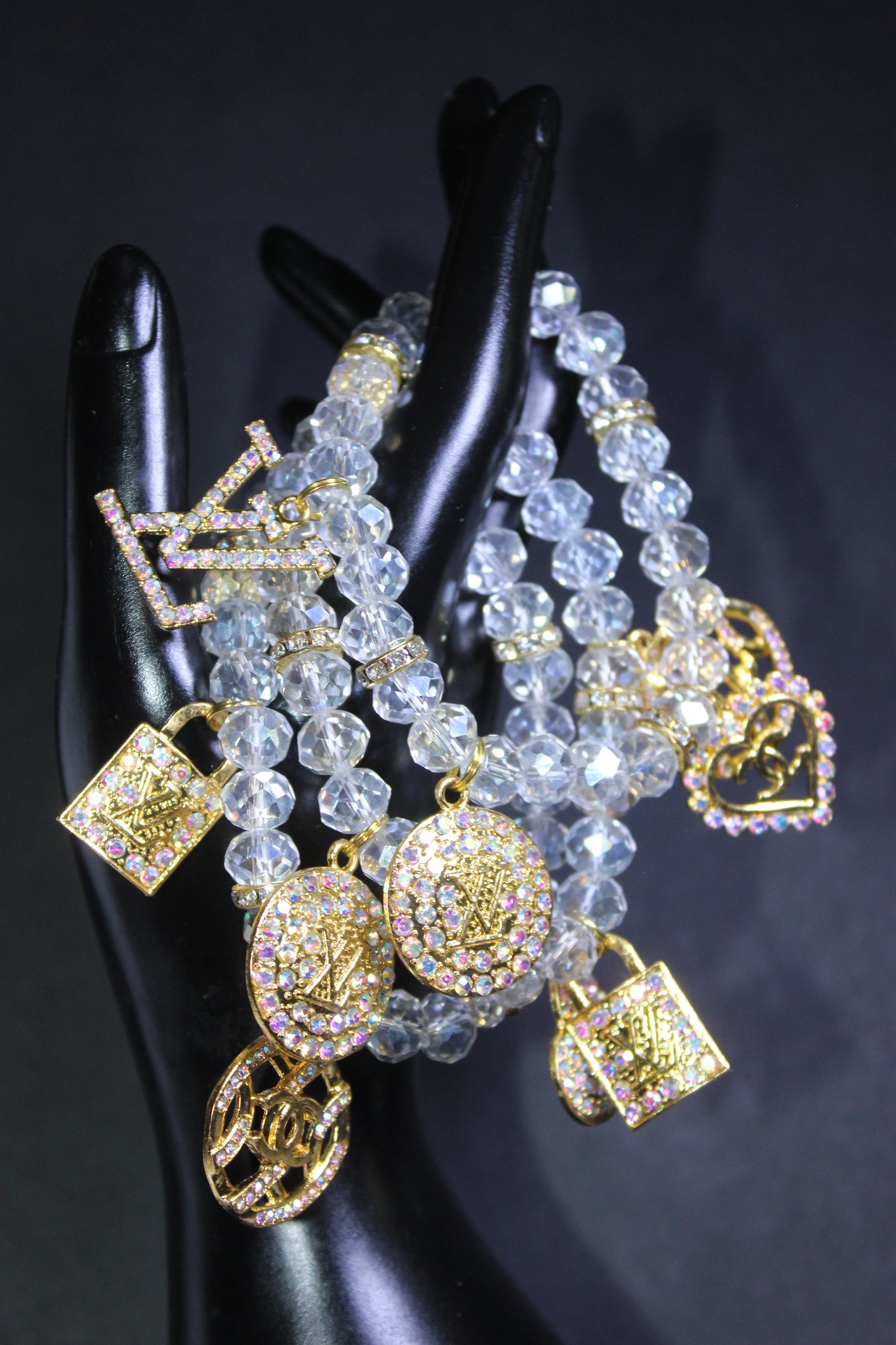Iridescent & Gold 3 Piece Crystal Charm Bracelet Set