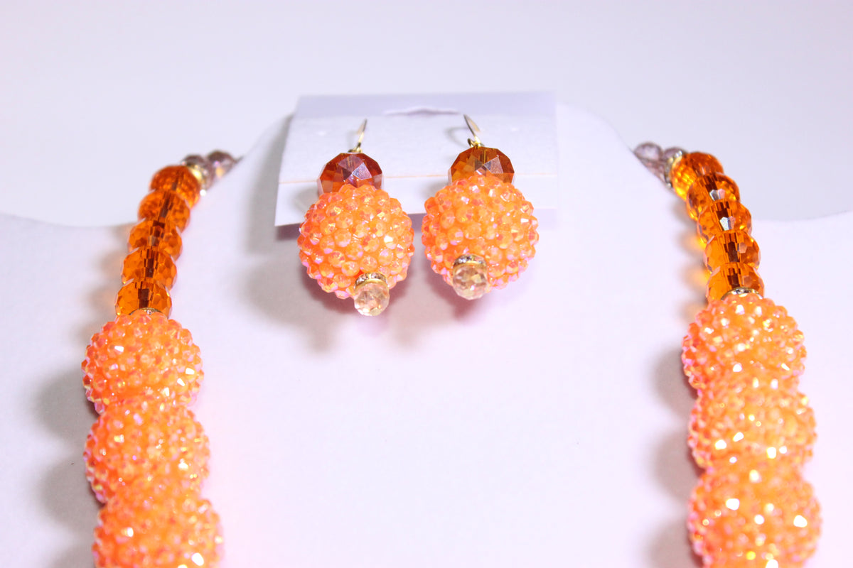 Shades Of Orange & Gold Rhinestone Charm Necklace & Earrings Set