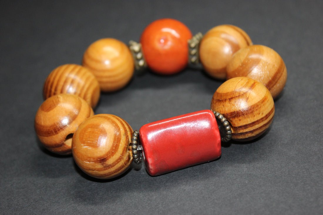Large Wood & Orange Beaded Bracelet
