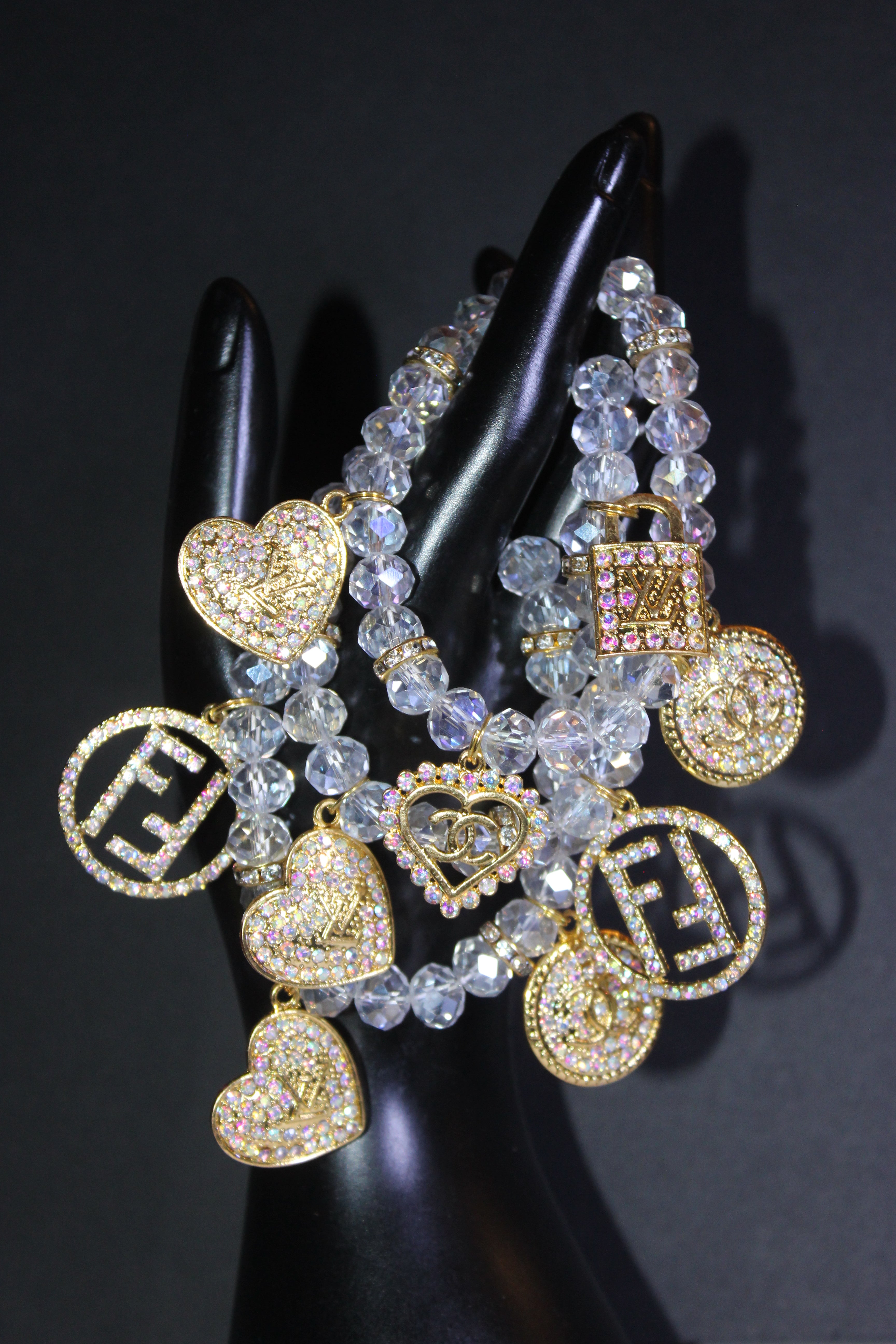 Iridescent & Gold Crystal Charm Bracelet Set