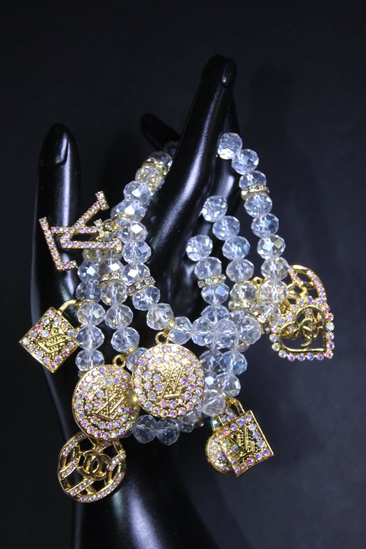 Iridescent & Gold 3 Piece Crystal Charm Bracelet Set