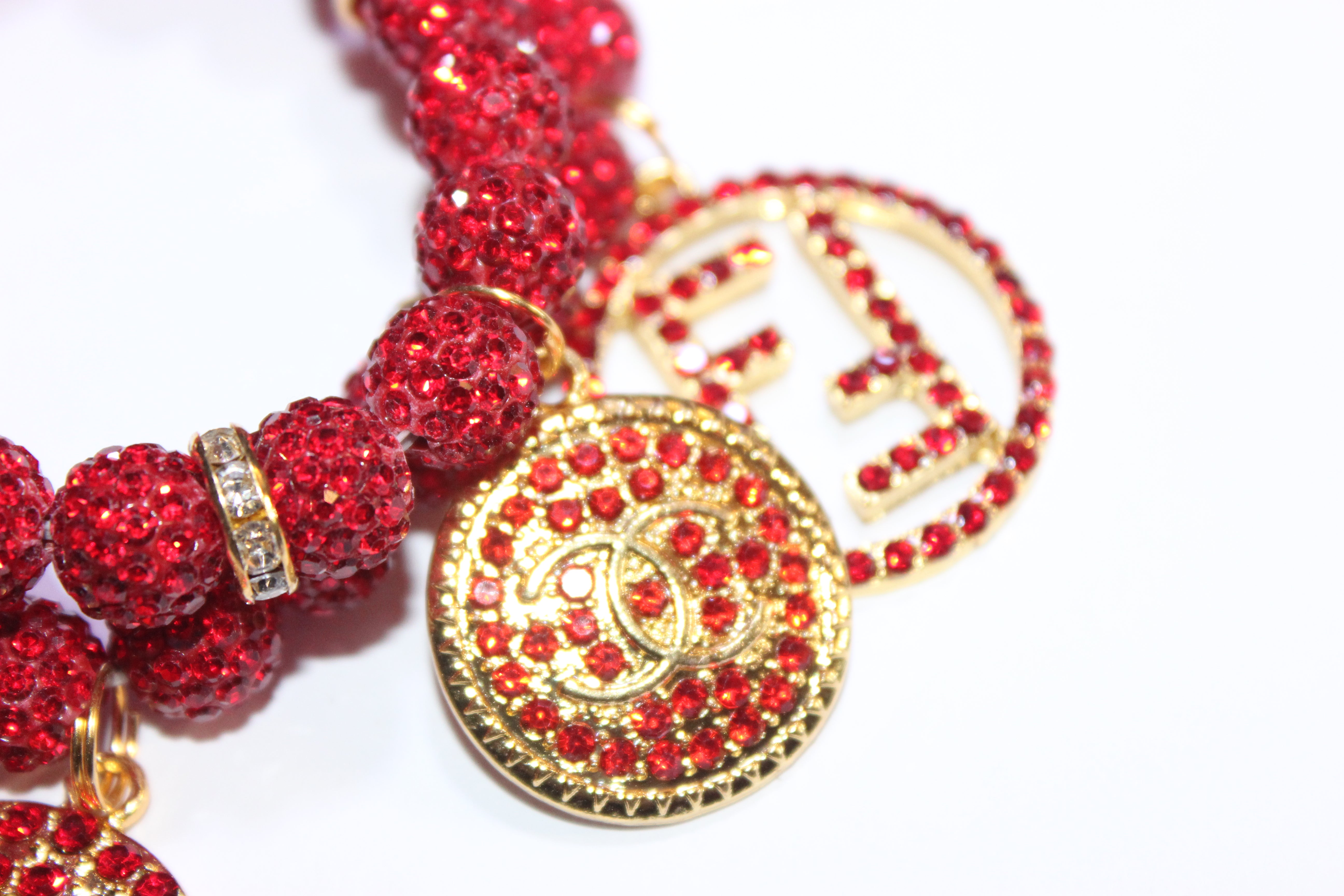 Red & Gold 2 Piece Rhinestone Charm Bracelet Set