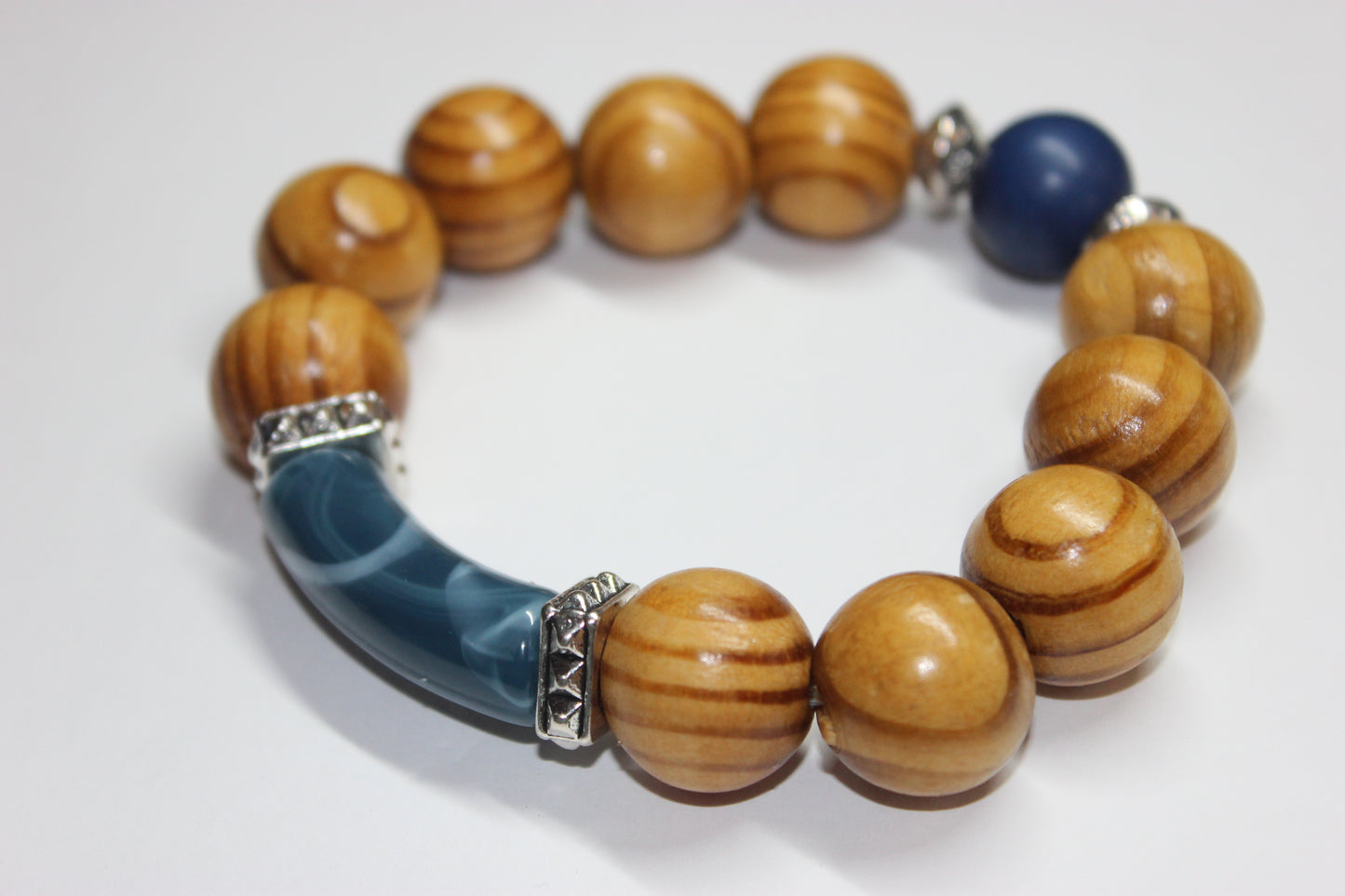 Shades Of Blue & Wood Beaded Bracelet