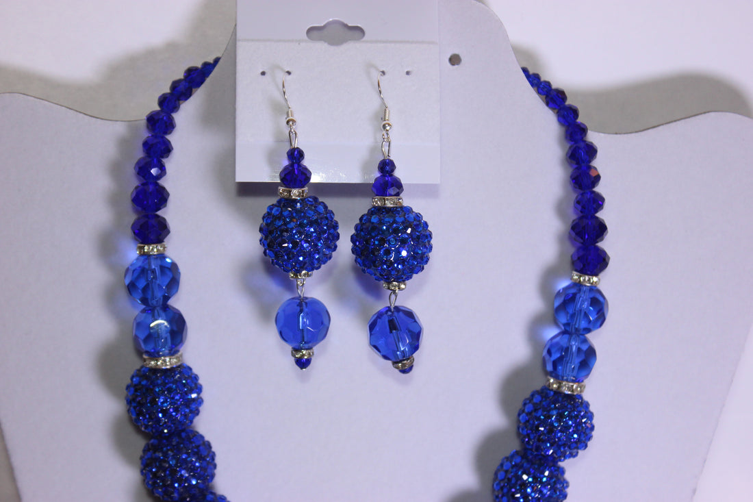 Royal Blue & Silver Rhinestone Charm Necklace & Earrings Set