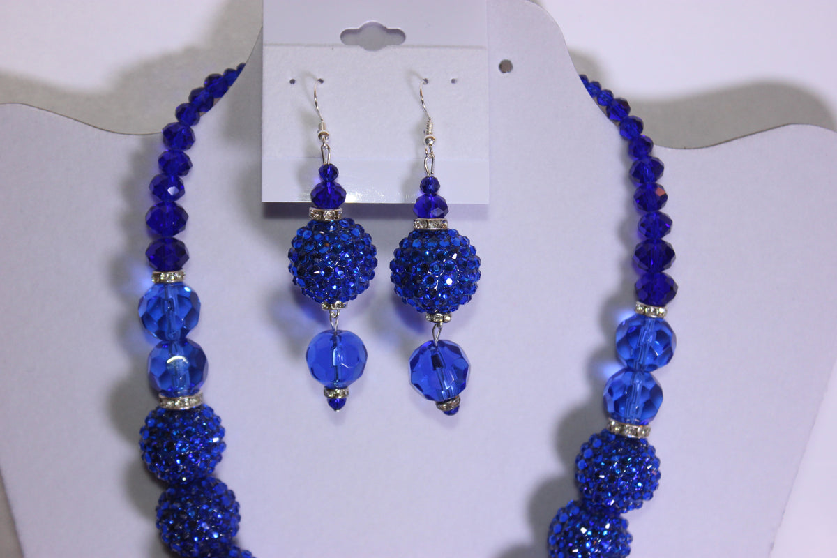 Royal Blue & Silver Rhinestone Charm Necklace & Earrings Set