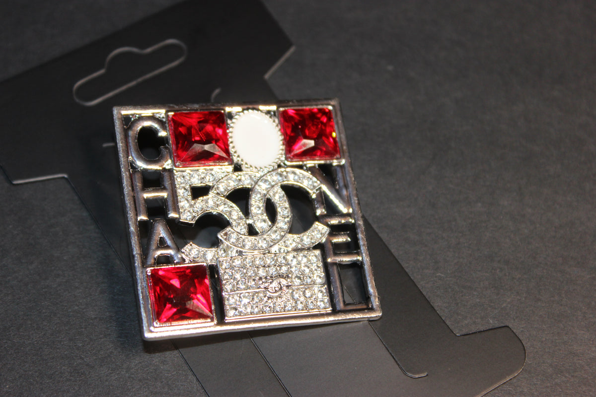 Red & Silver Pearl Rhinestone Brooch Pin