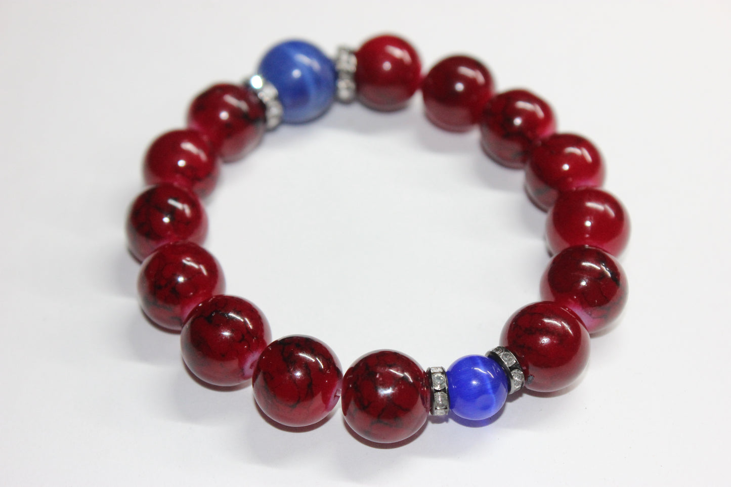 Red & Blue Set In Silver Beaded Bracelet