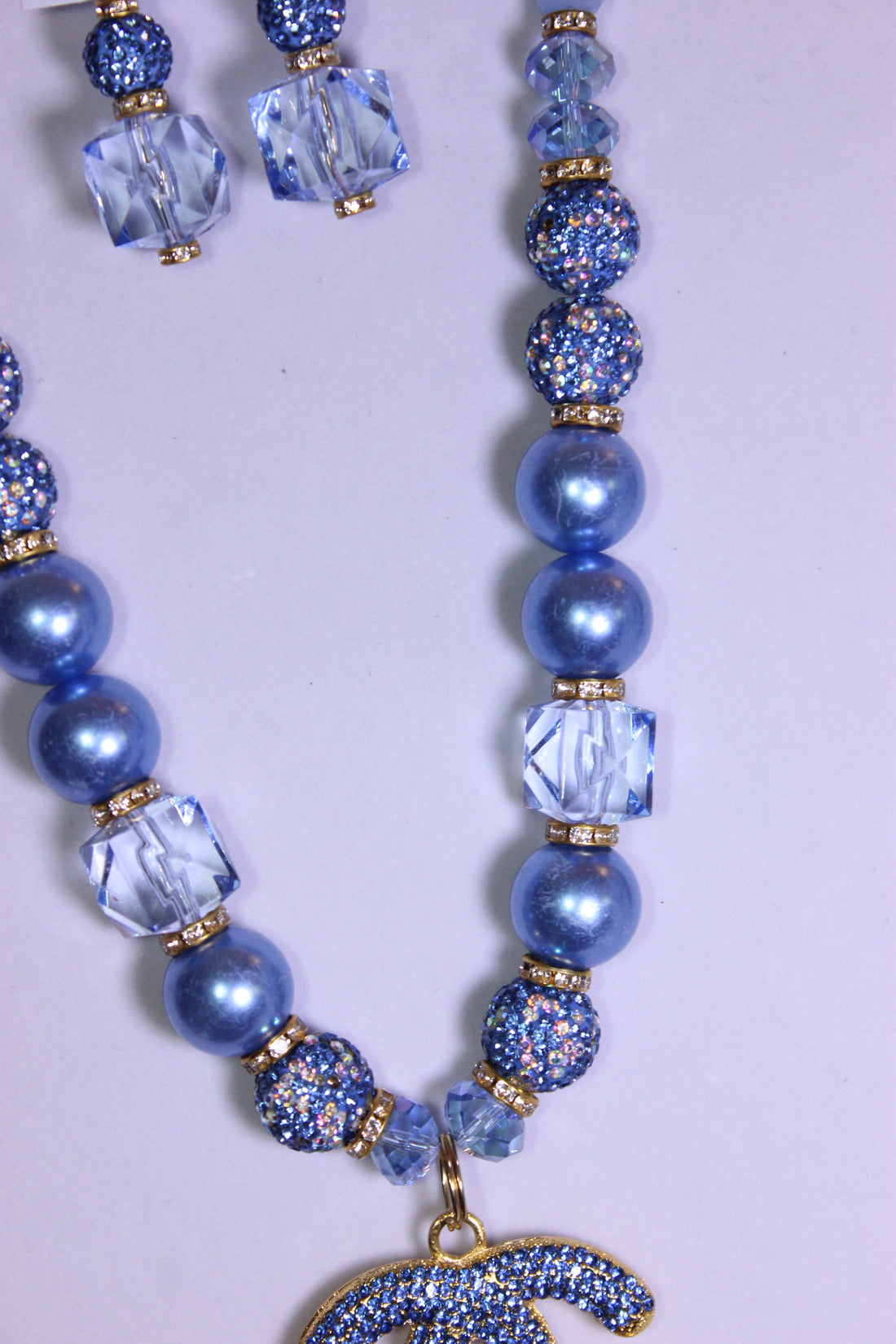 Light Blue Stonewashed Pearl & Rhinestone Charm Necklace & Earrings Set (Gold)