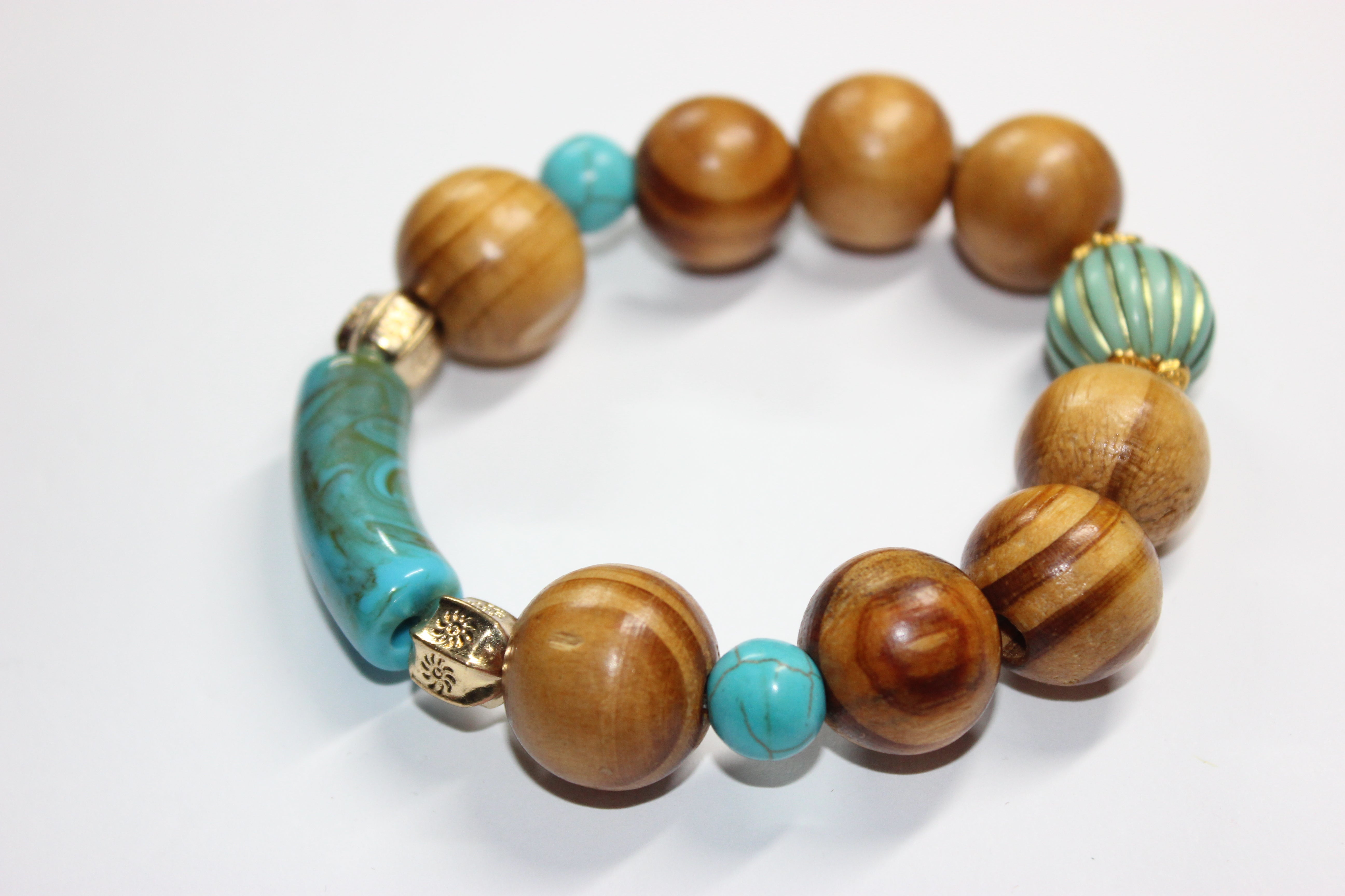 Wood Turquoise w/ Gold Beaded Bracelet