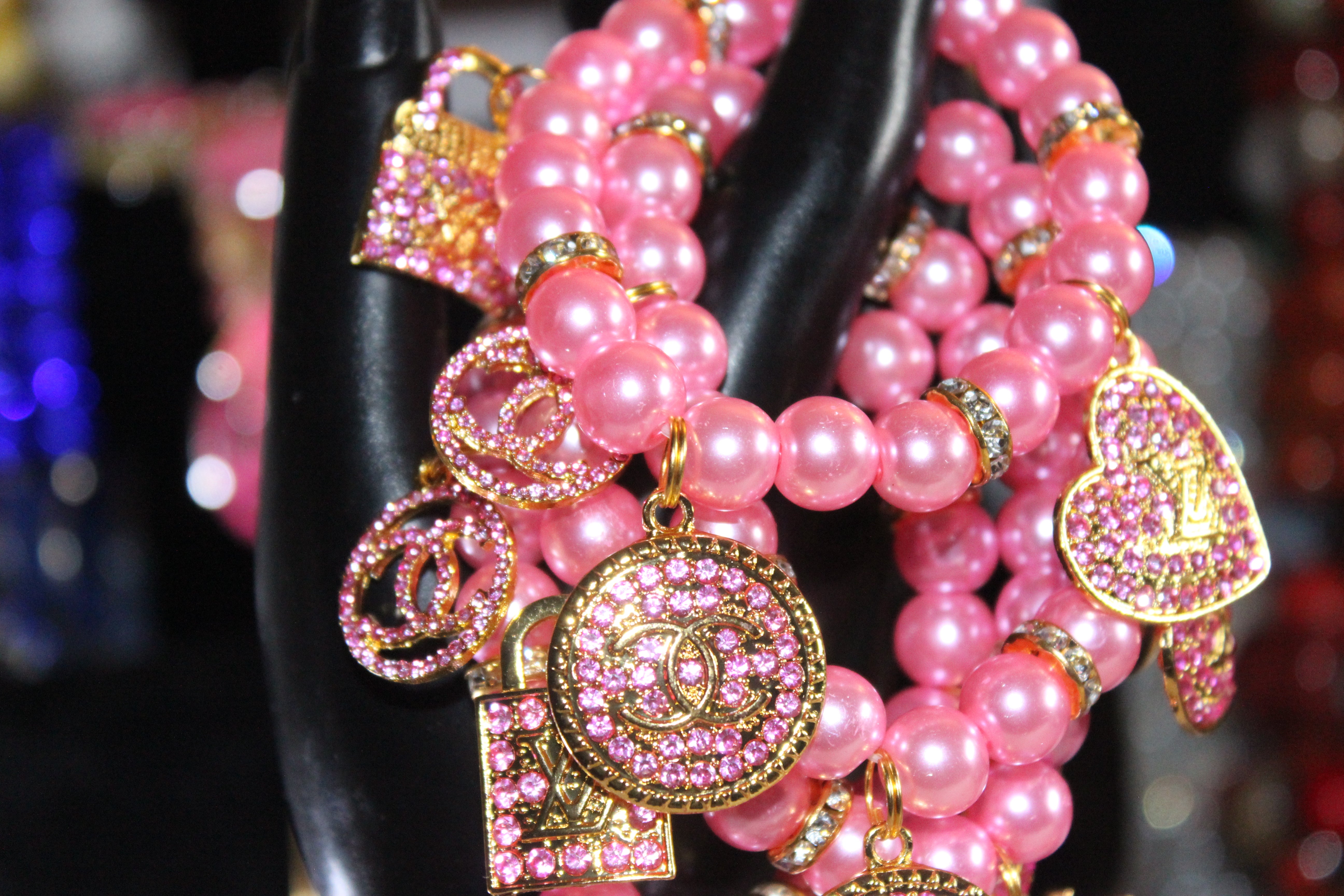 Pink & Gold 4 Piece Charm Bracelet Set w/ Rhinestone Charms