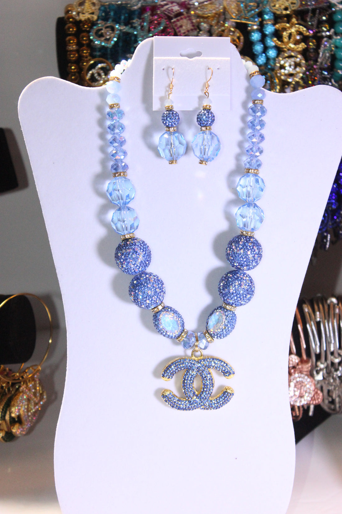 Light Blue Rhinestone Charm Necklace & Earrings Set