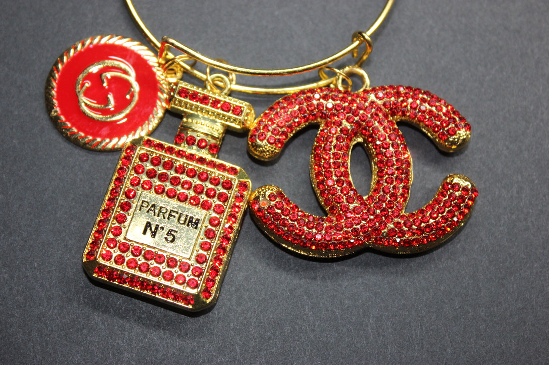 Red & Gold Rhinestone Charm Bangle Bracelet