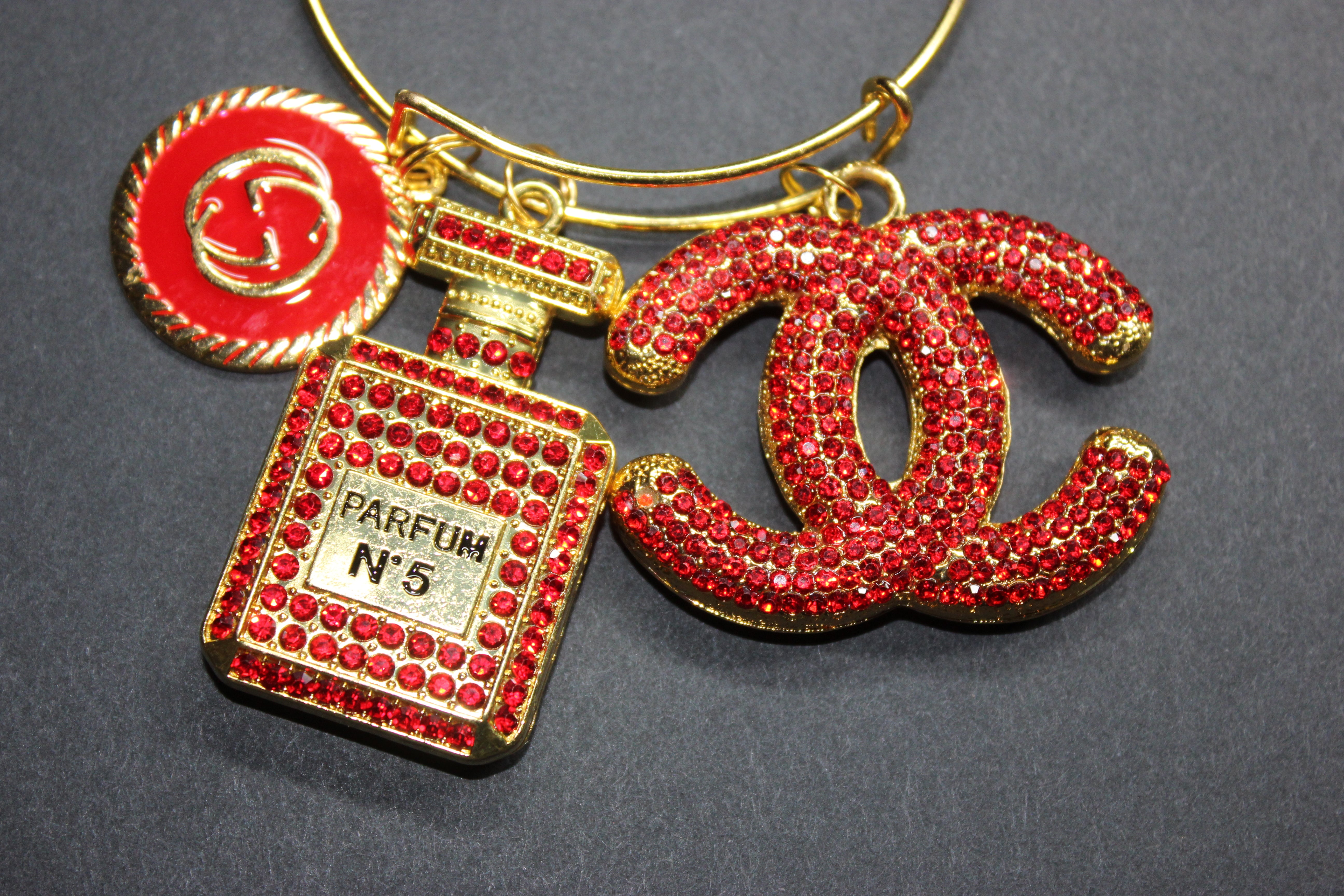 Red & Gold Rhinestone Charm Bangle Bracelet