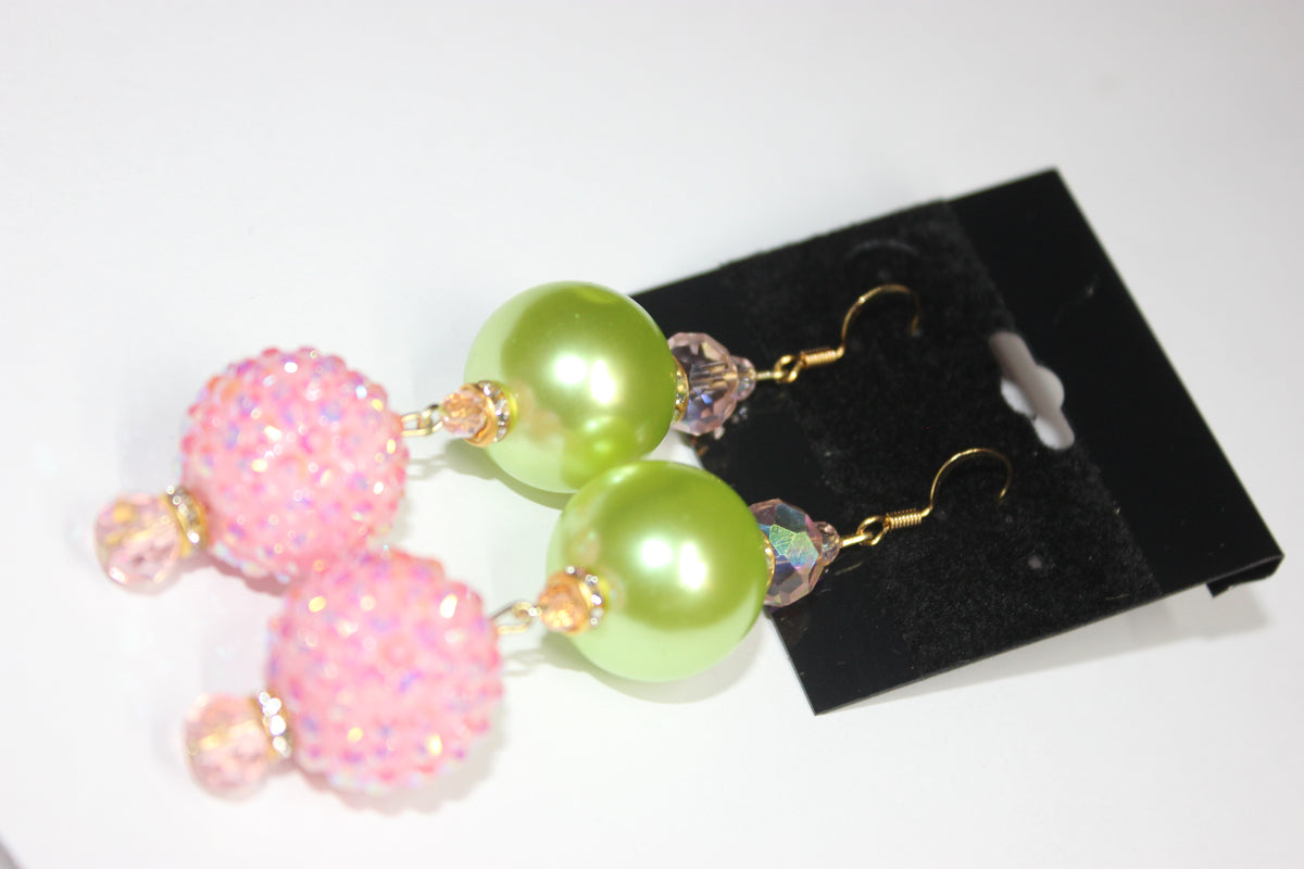 Pink & Green w/ Gold Pearl Rhinestone Earrings