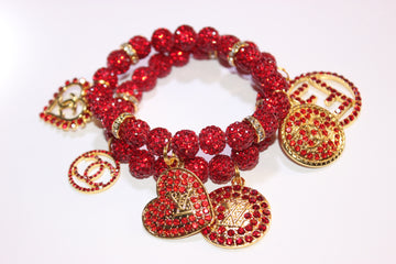 Red & Gold 2 Piece Rhinestone Charm Bracelet Set