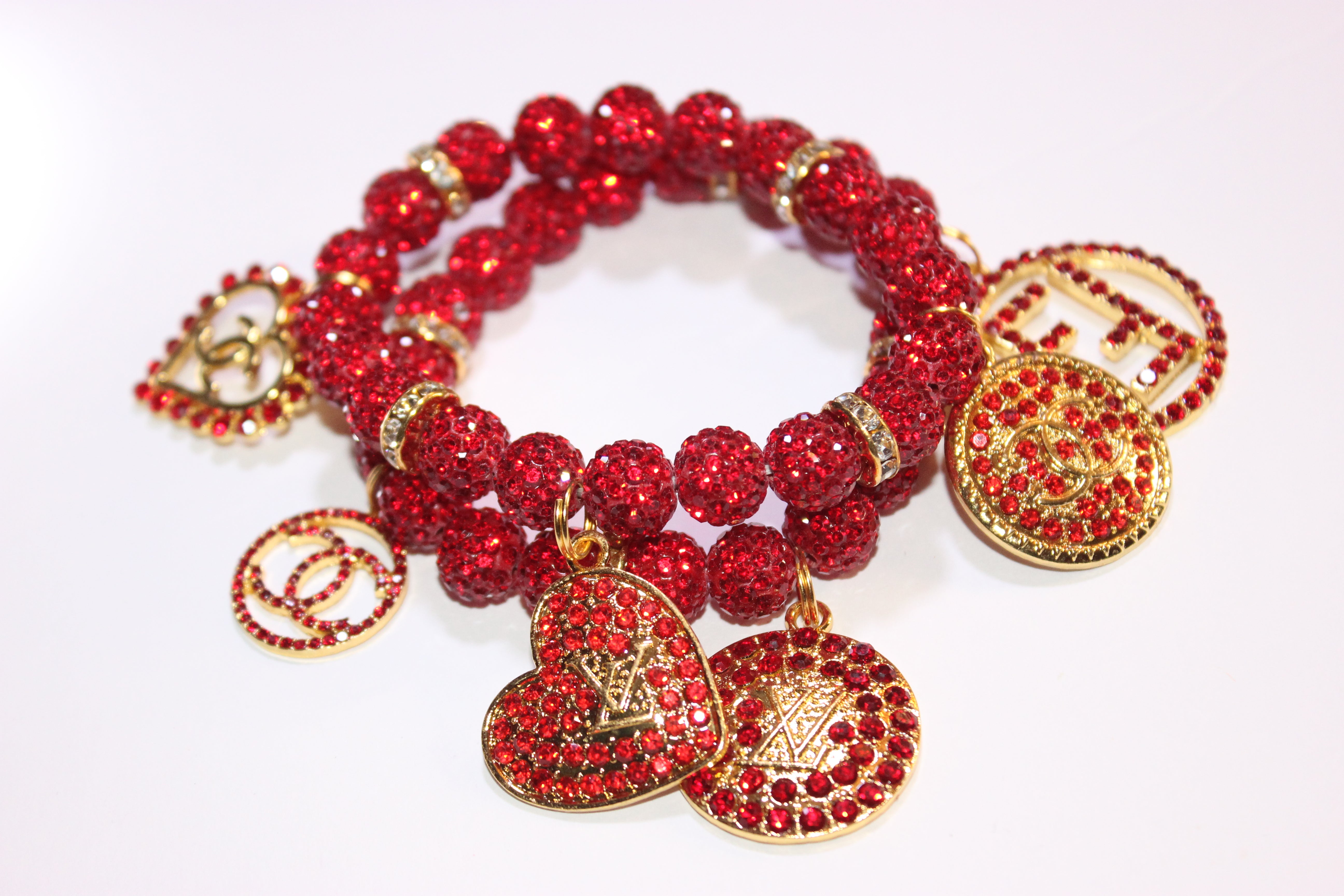 Red & Gold 2 Piece Rhinestone Charm Bracelet Set