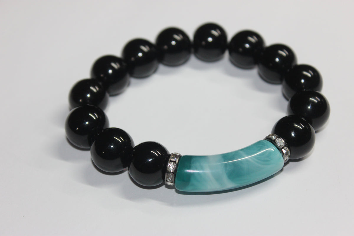 Black & Shades Of Turquoise w/ Silver Beaded Bracelet